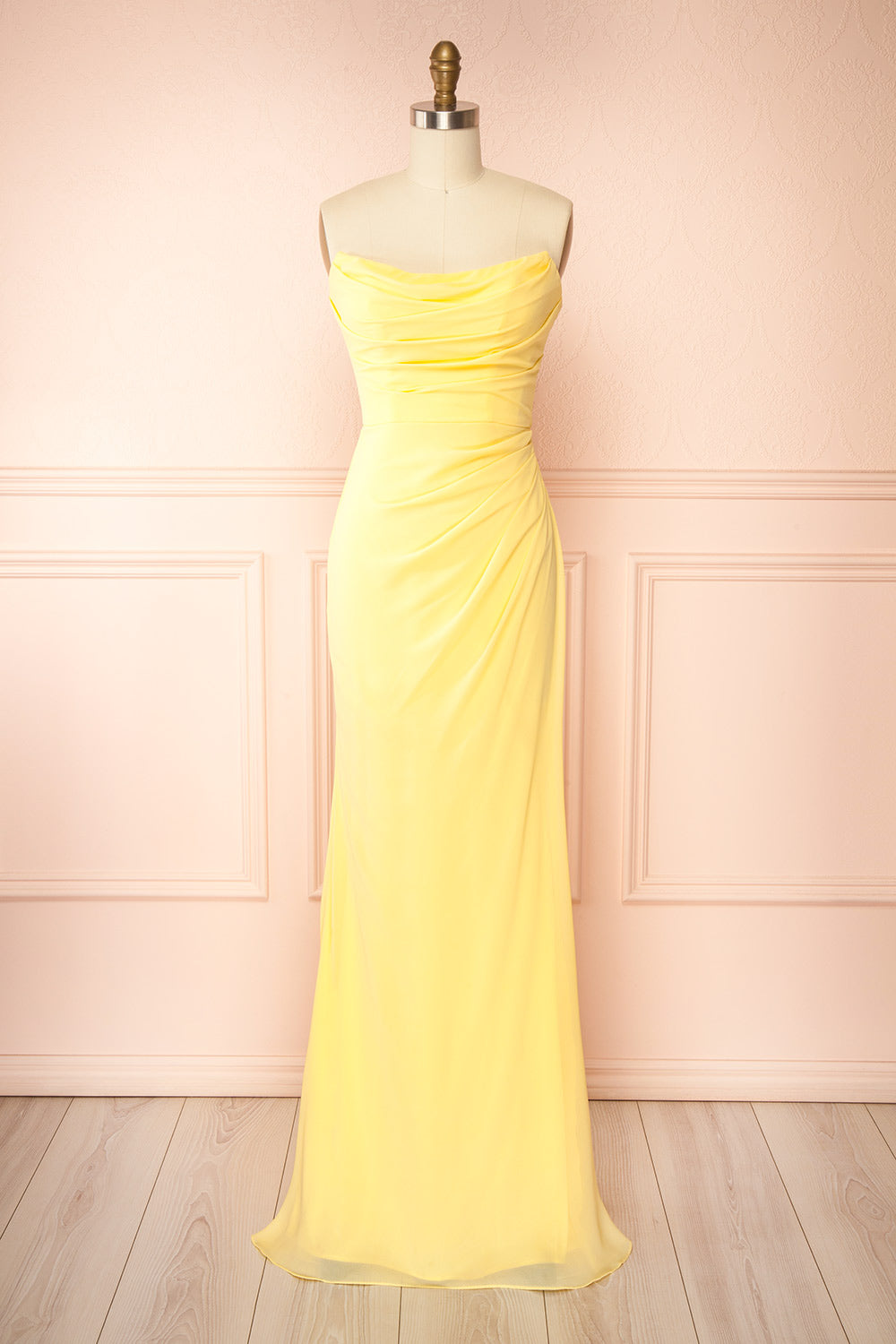 Marylin Light Yellow Mermaid Draped Chiffon Dress | Boutique 1861 front view