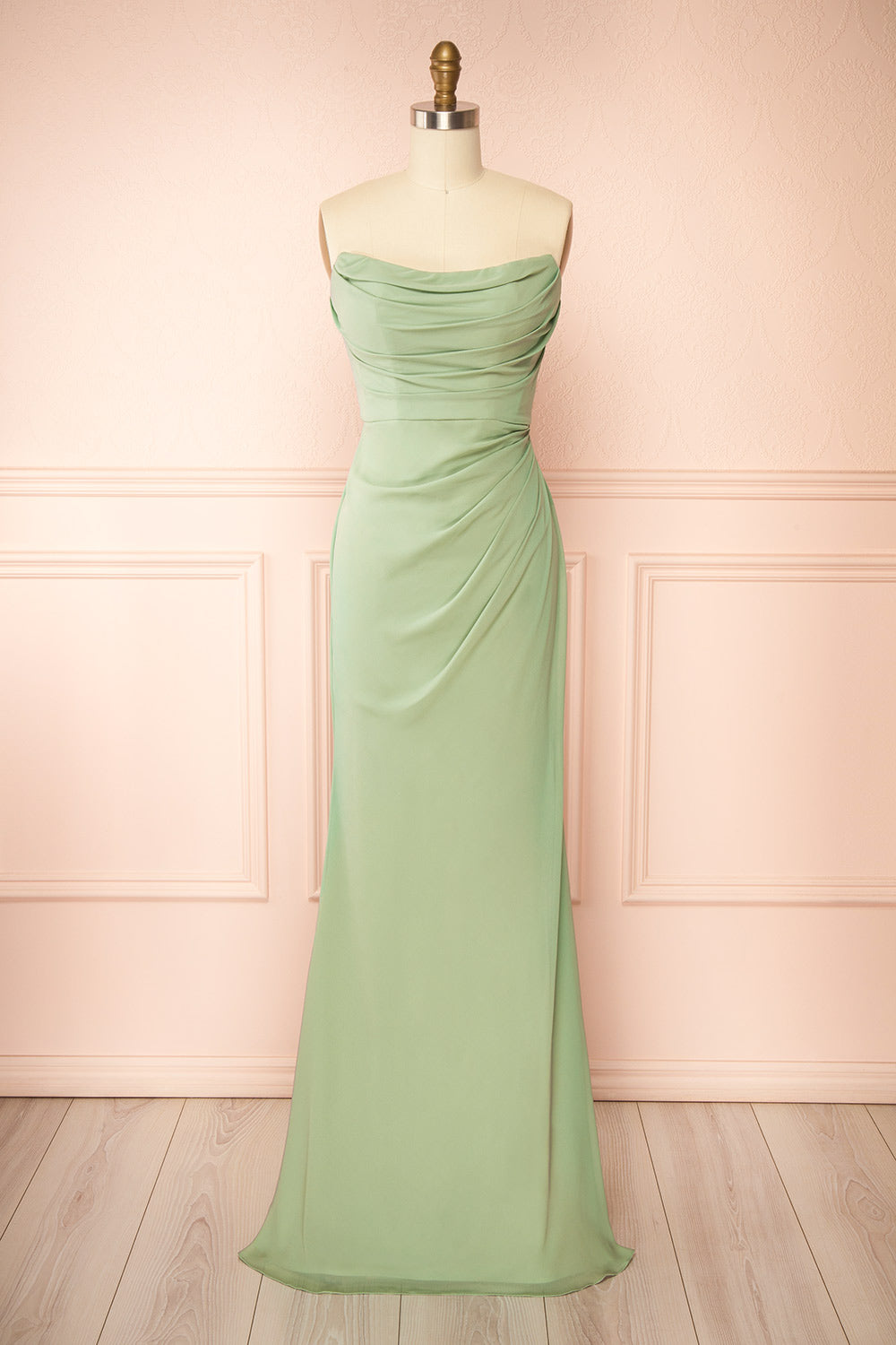 Marylin Sage Mermaid Draped Chiffon Dress | Boutique 1861 front view