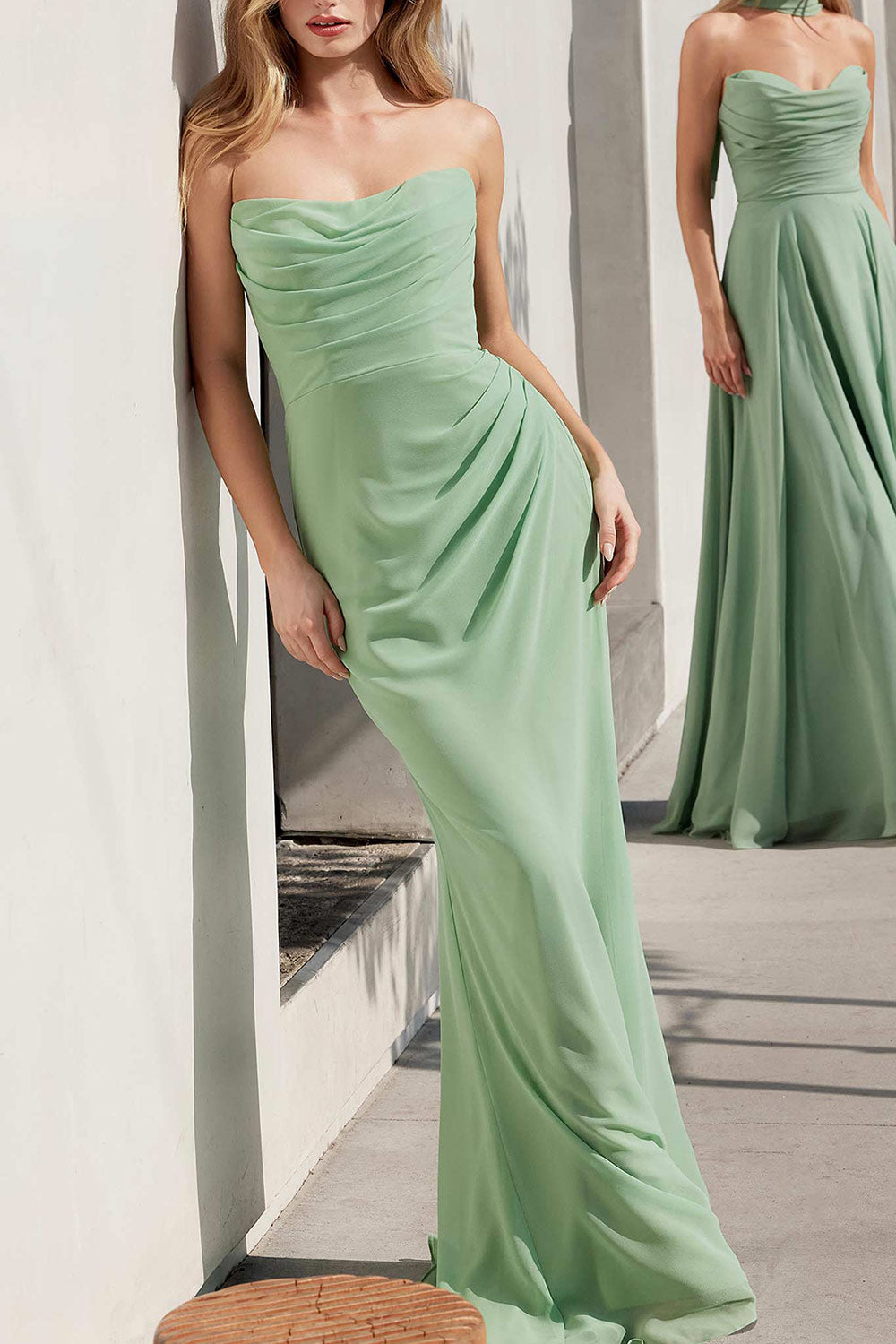 Marylin Sage Mermaid Draped Chiffon Dress | Boutique 1861 model