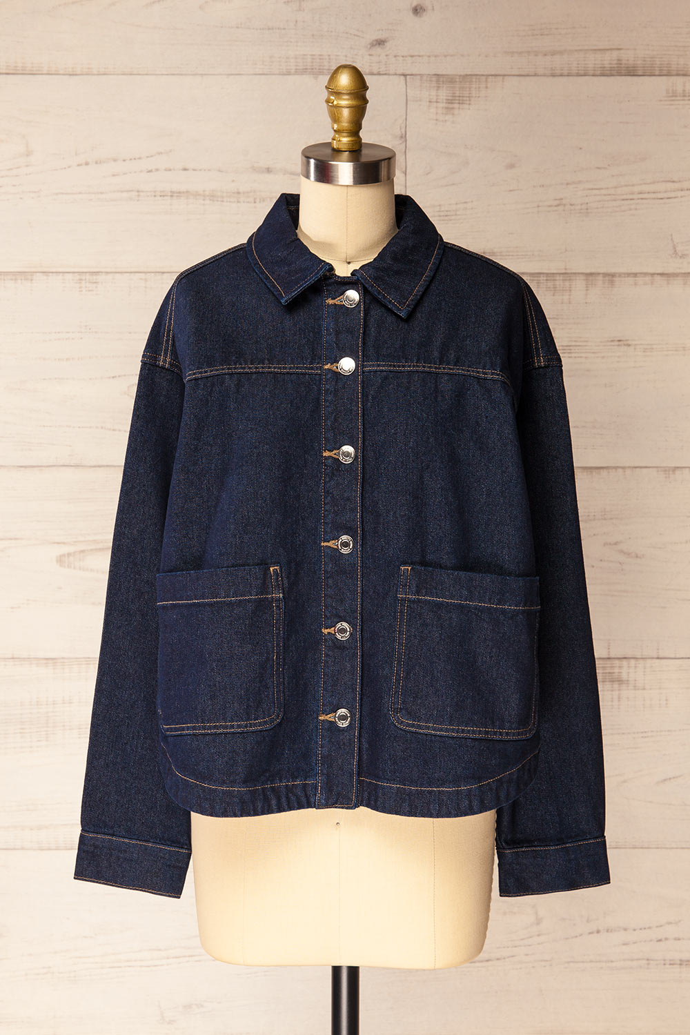 Matera Dark Wash Denim Button-Up Jacket with Pockets | La petite garçonne front view