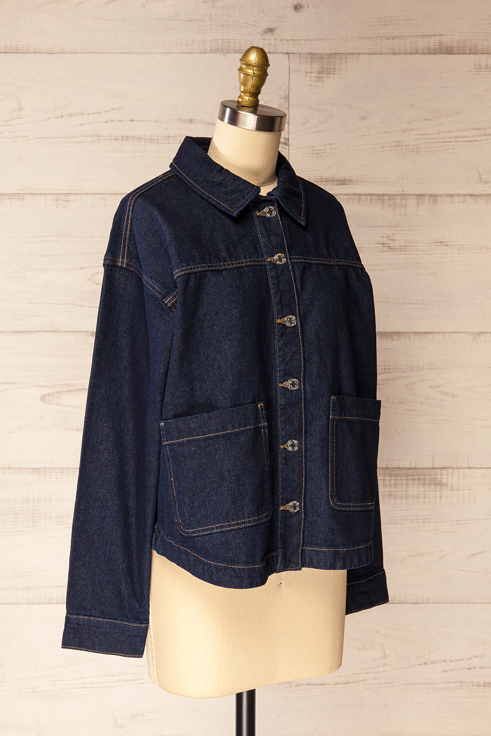 Matera Dark Wash Denim Button-Up Jacket with Pockets | La petite garçonne side view