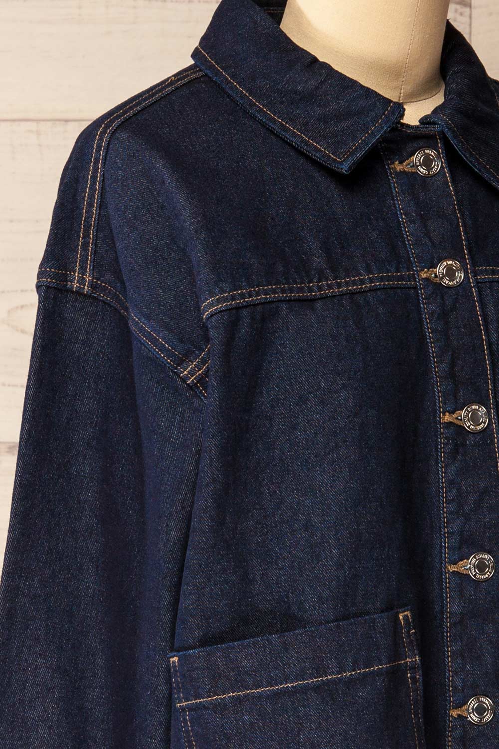 Matera Dark Wash Denim Button-Up Jacket with Pockets | La petite garçonne side
