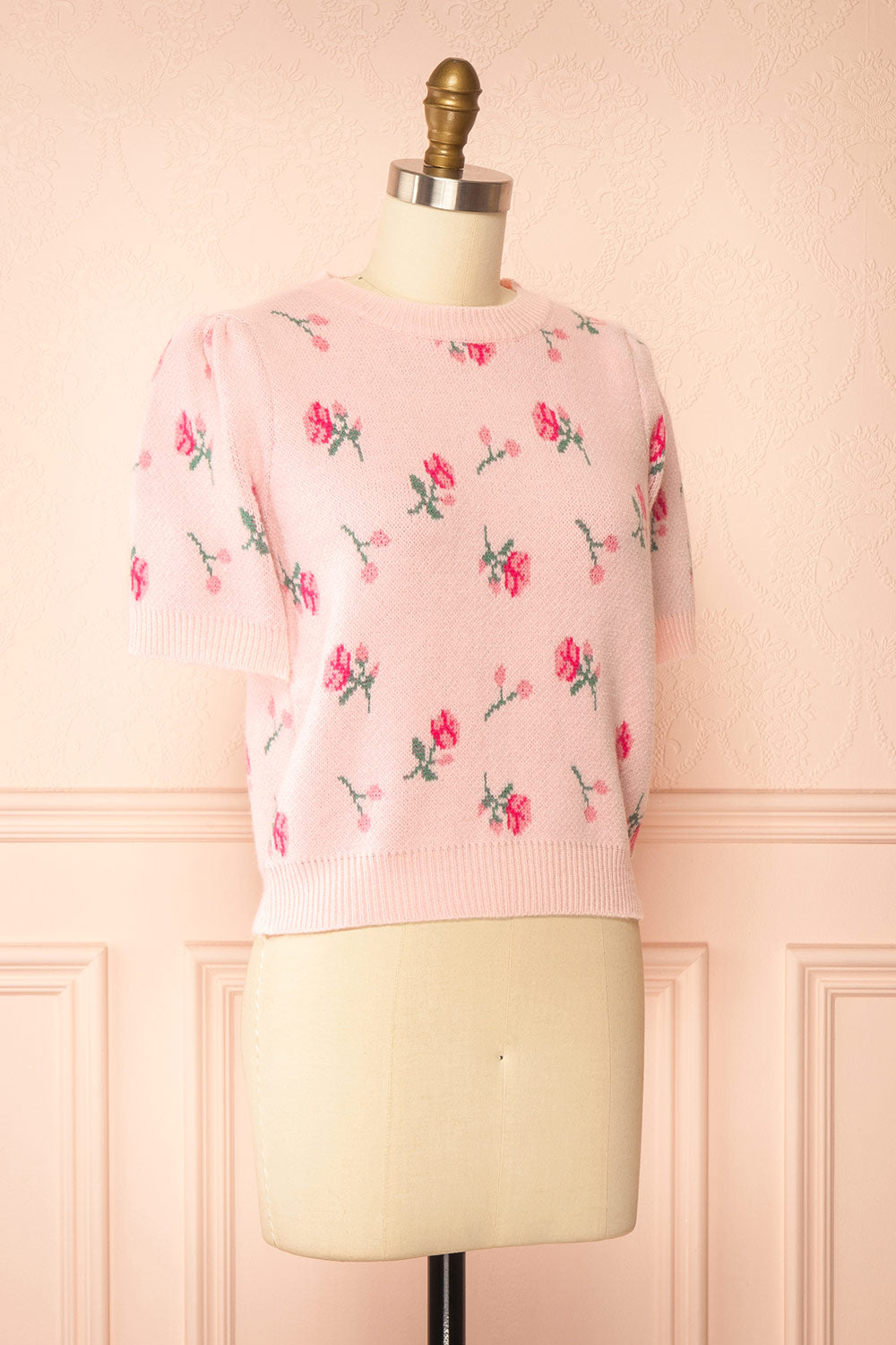 Mavis Pink Knit Top with Floral Pattern | Boutique 1861 side view