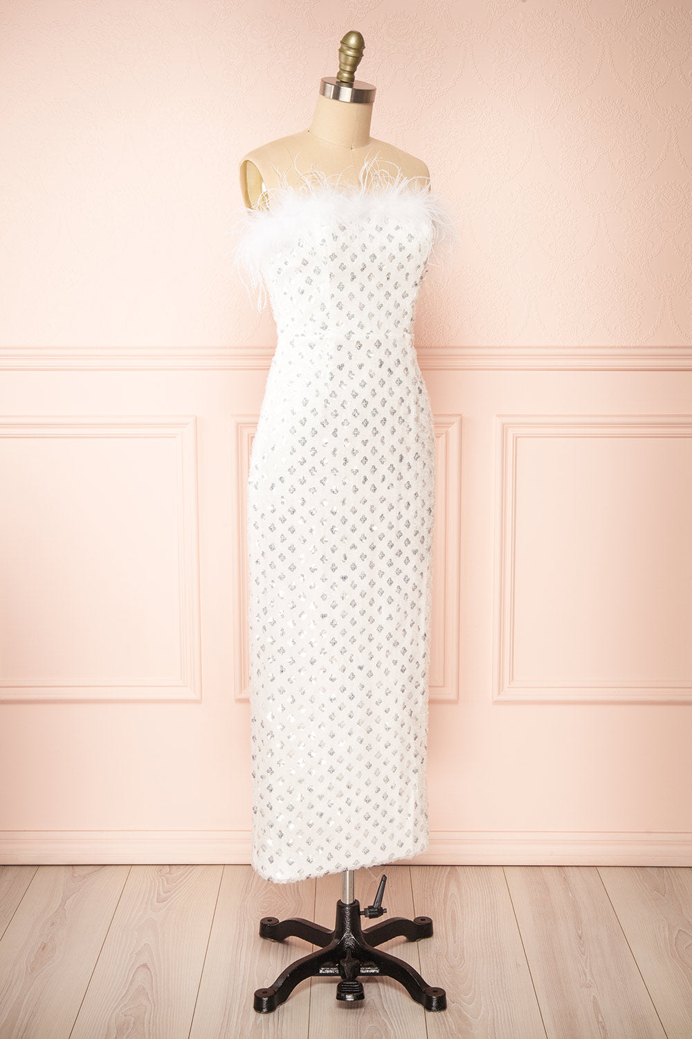 Mayurika White Strapless Sequin Midi Dress w/ Feathers | Boudoir 1861 side view