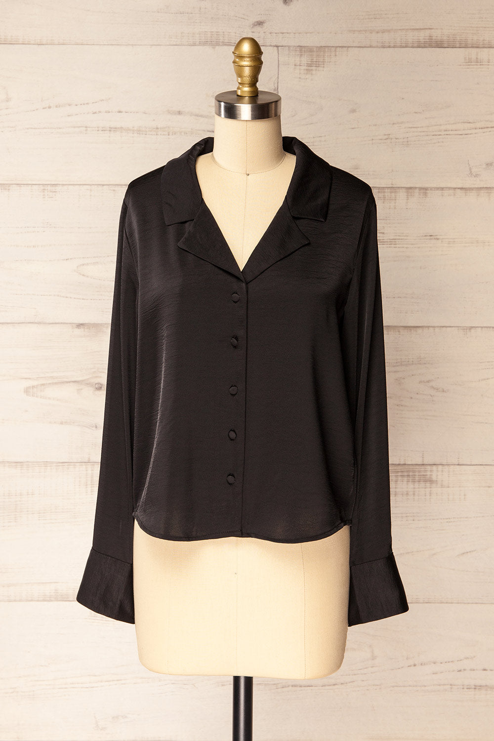 Medan Black Buttoned-Up Satin Blouse | La petite garçonne front view