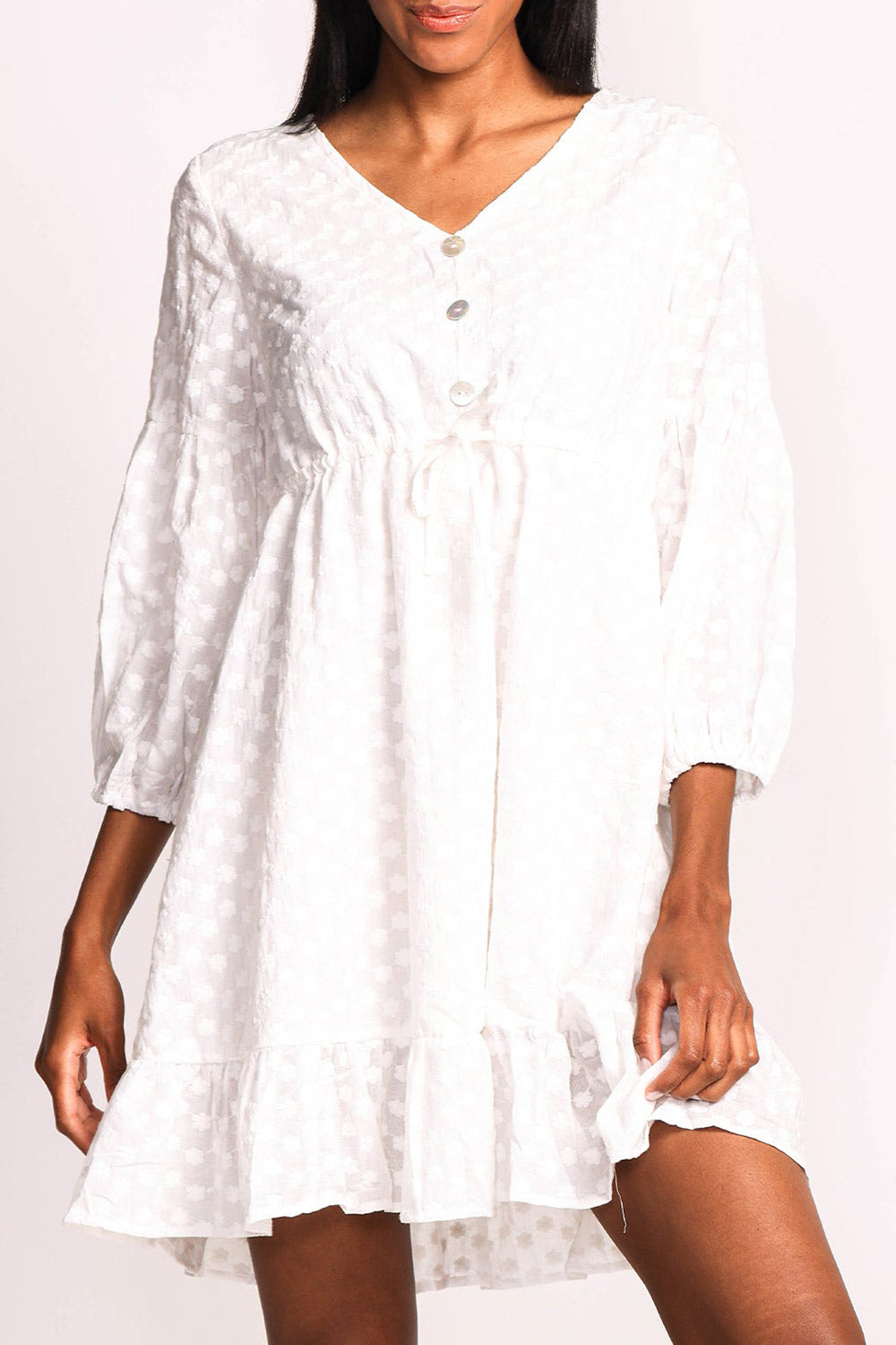 Meeshell White Babydoll Dress w/ Floral Embroidery | Boutique 1861 model