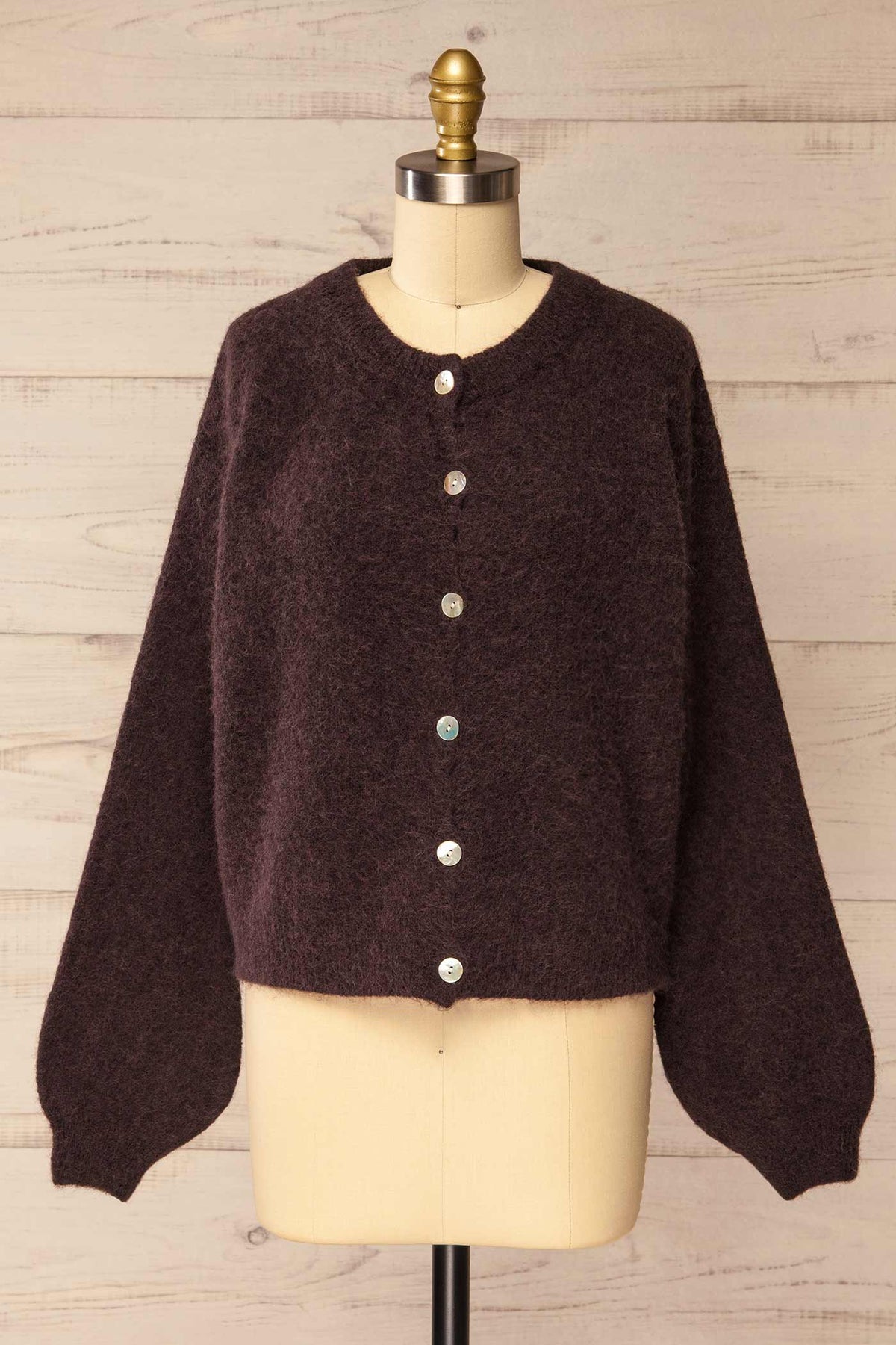 front view of Megumi Brown Button-Front Knit Cardigan at La petite garçonne
