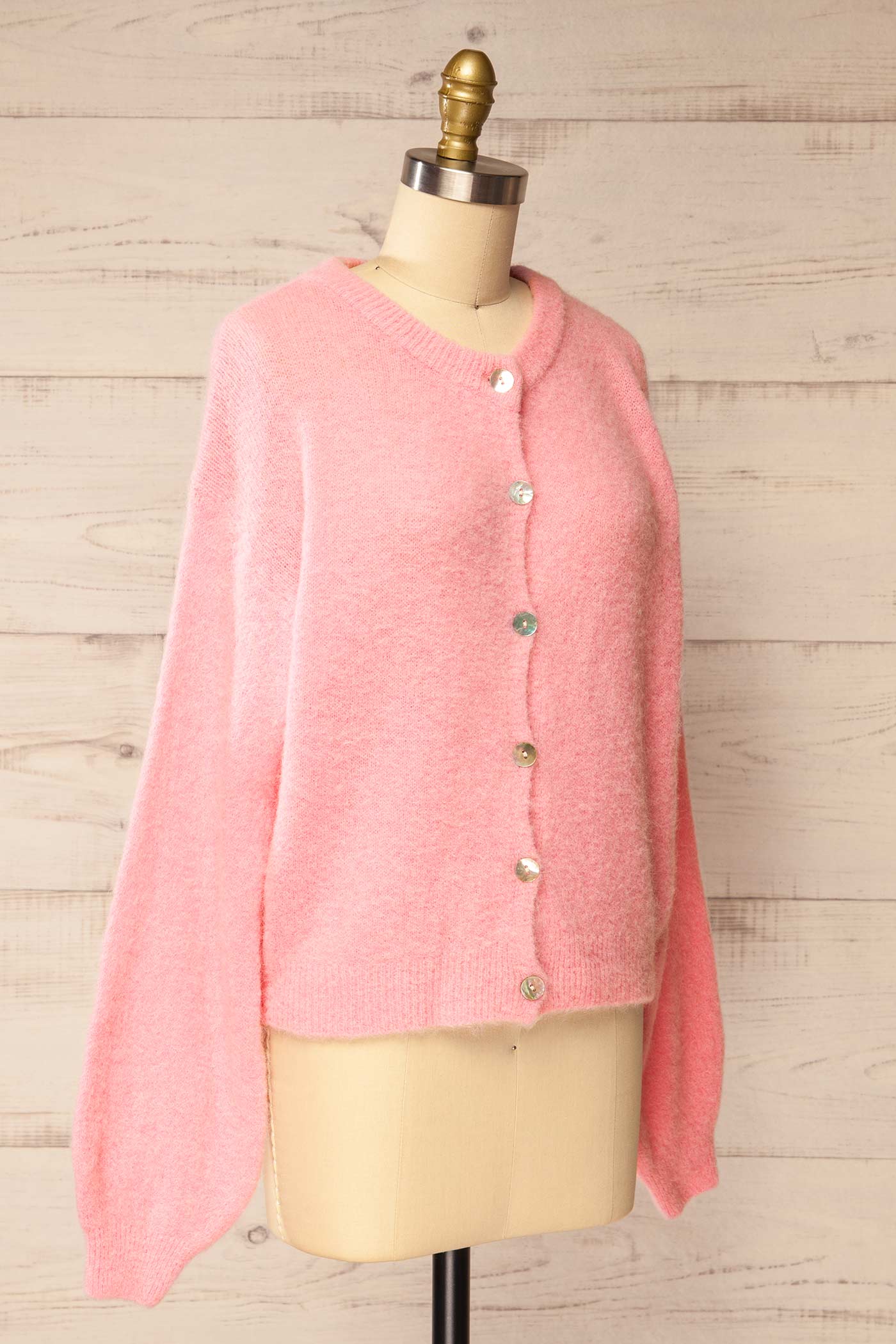 side view of Megumi Pink Button-Front Knit Cardigan at La petite garçonne