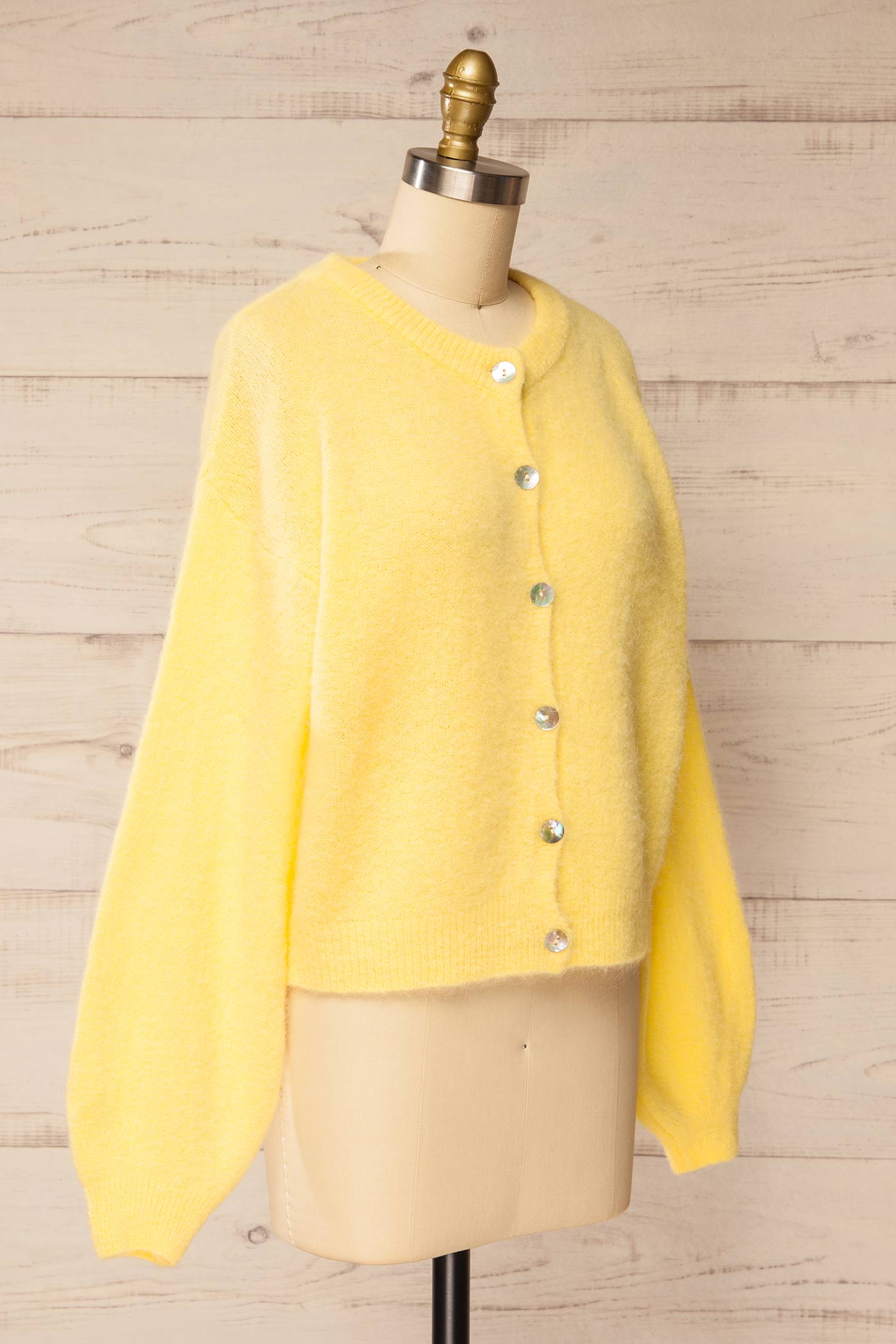 side view of Megumi Yellow Button-Front Knit Cardigan at La petite garçonne