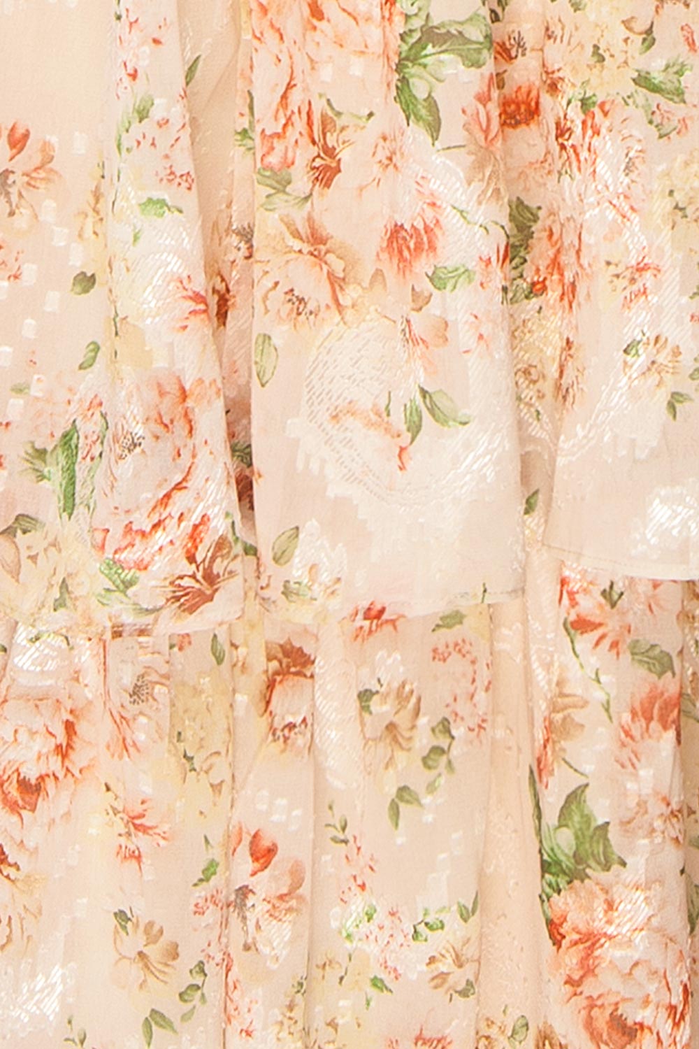 Melantha Long Beige Floral Dress w/ Ruffled Straps | Boutique 1861 fabric