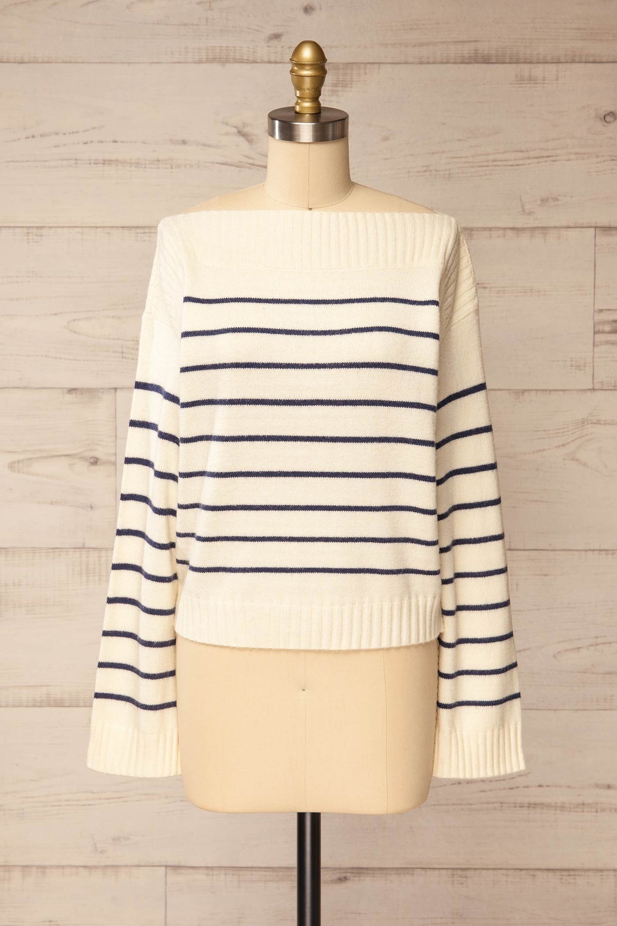 front view of Melton Ivory Striped Boat Neck Knit Sweater at La petite garçonne