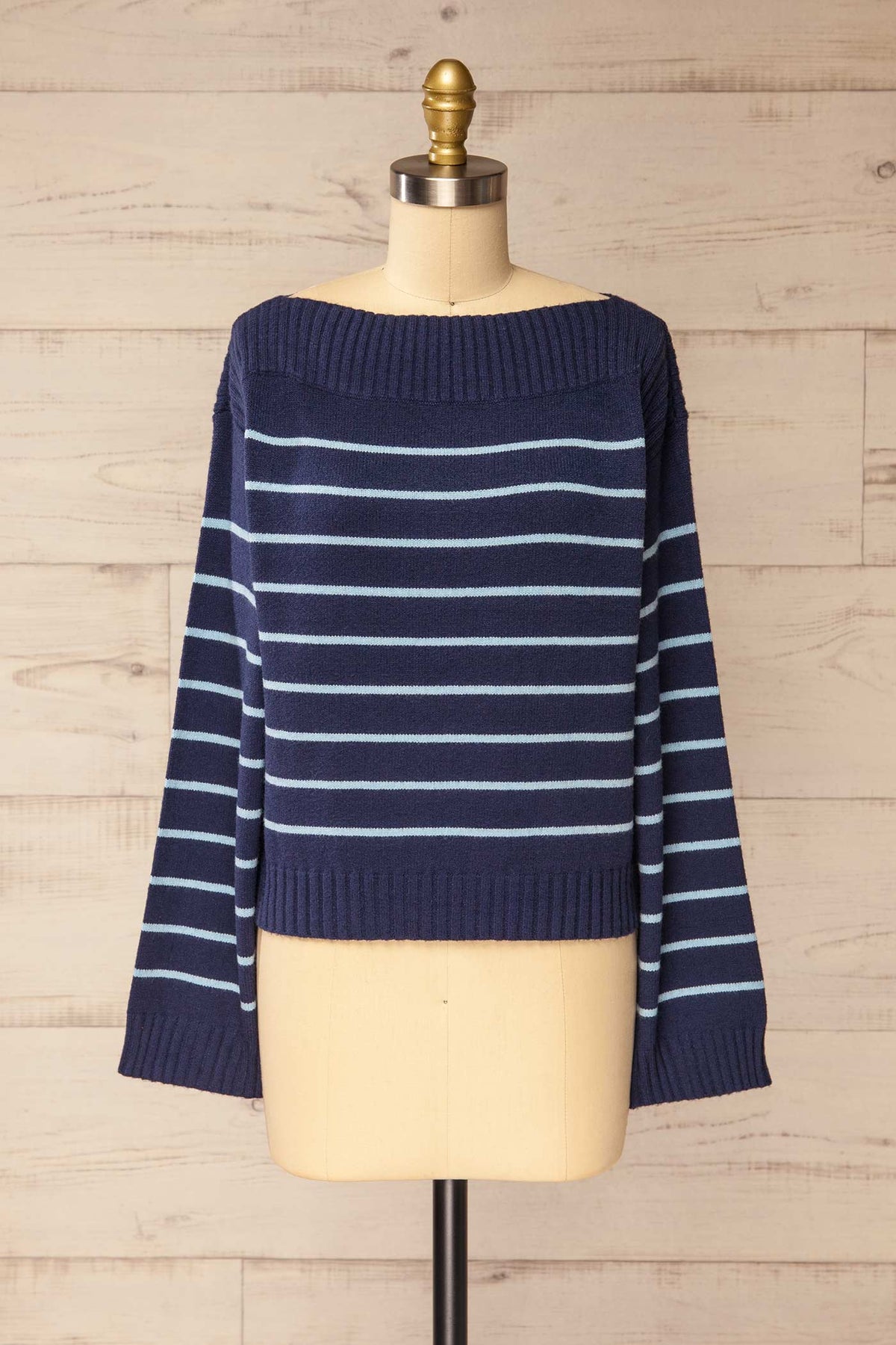 front view of Melton Navy Striped Boat Neck Knit Sweater at La petite garçonne