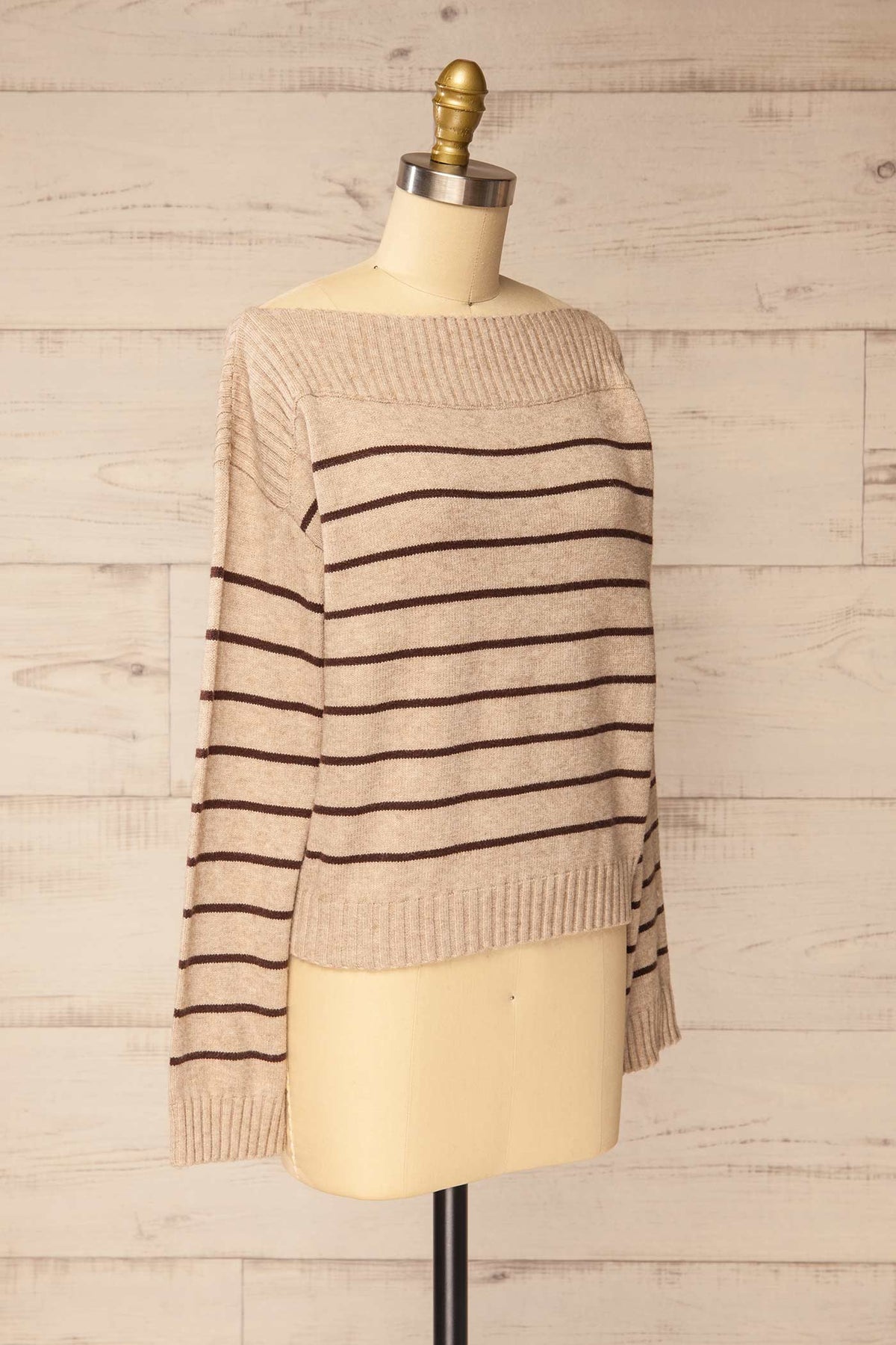 Melton Taupe | Chandail Tricoté à Rayures et Col Bateau