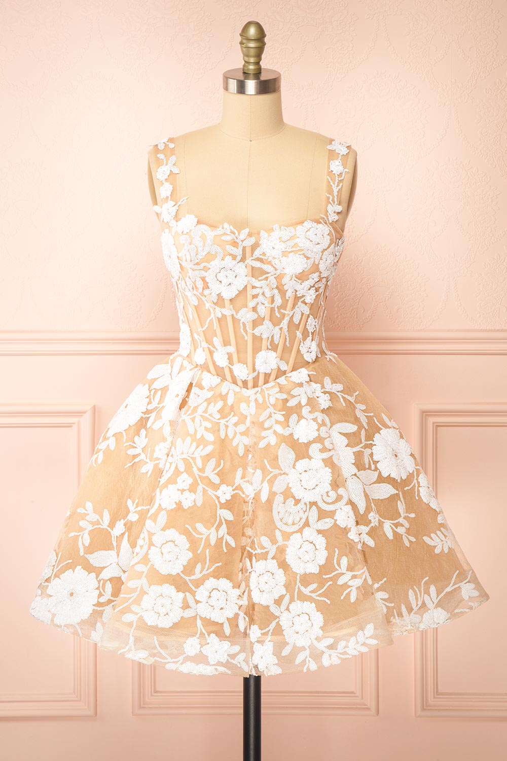 strapless open back dress Melvina Short A-Line Dress with Sequin Flowers