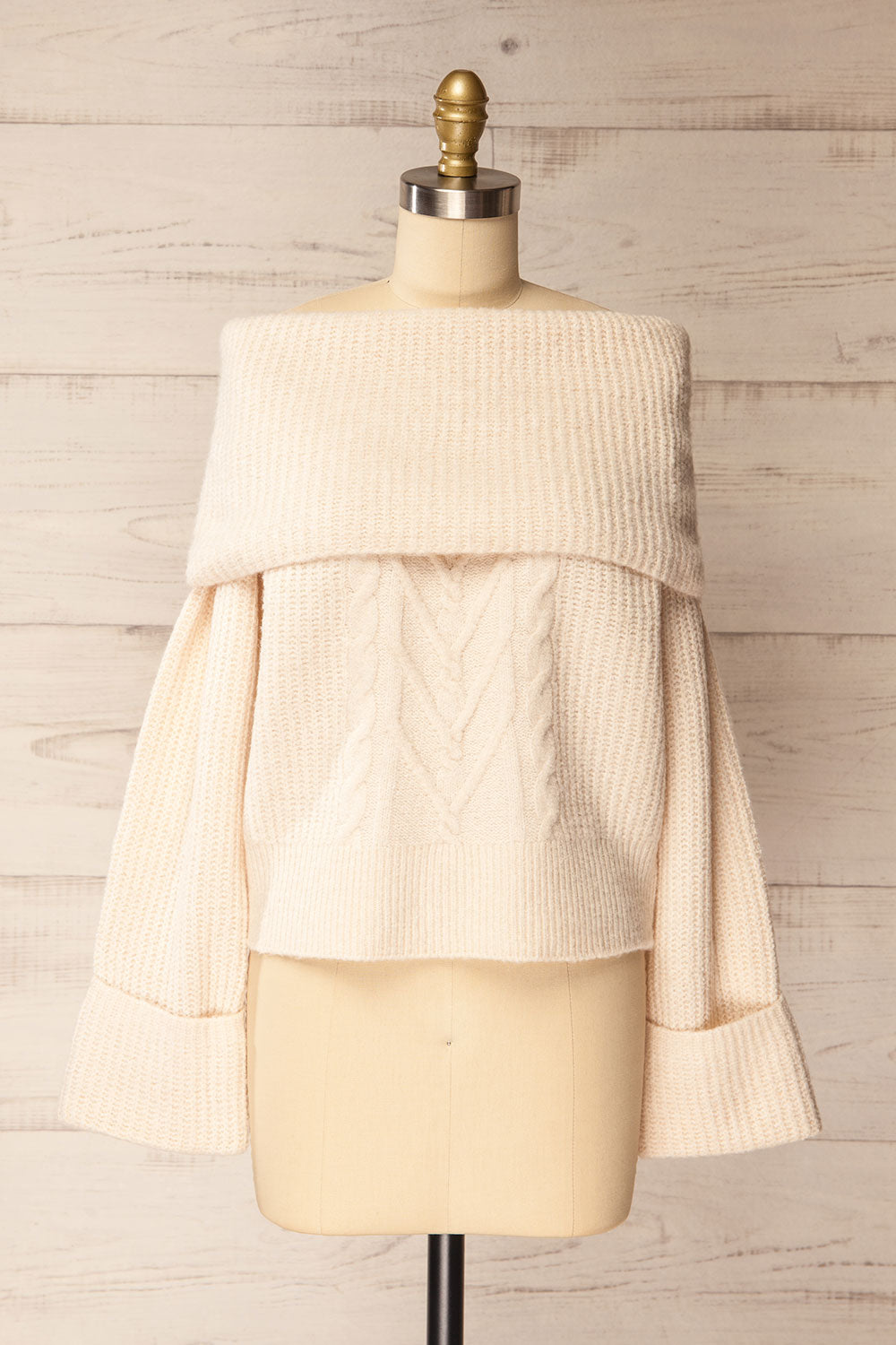 Merewyn Beige Knitted Off-Shoulder Top | La petite garçonne front view