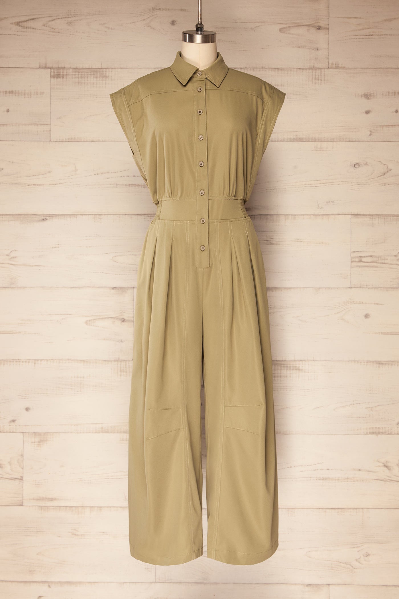 Mestre Khaki Sleeveless Cargo Jumpsuit with Pockets | La petite garçonne front