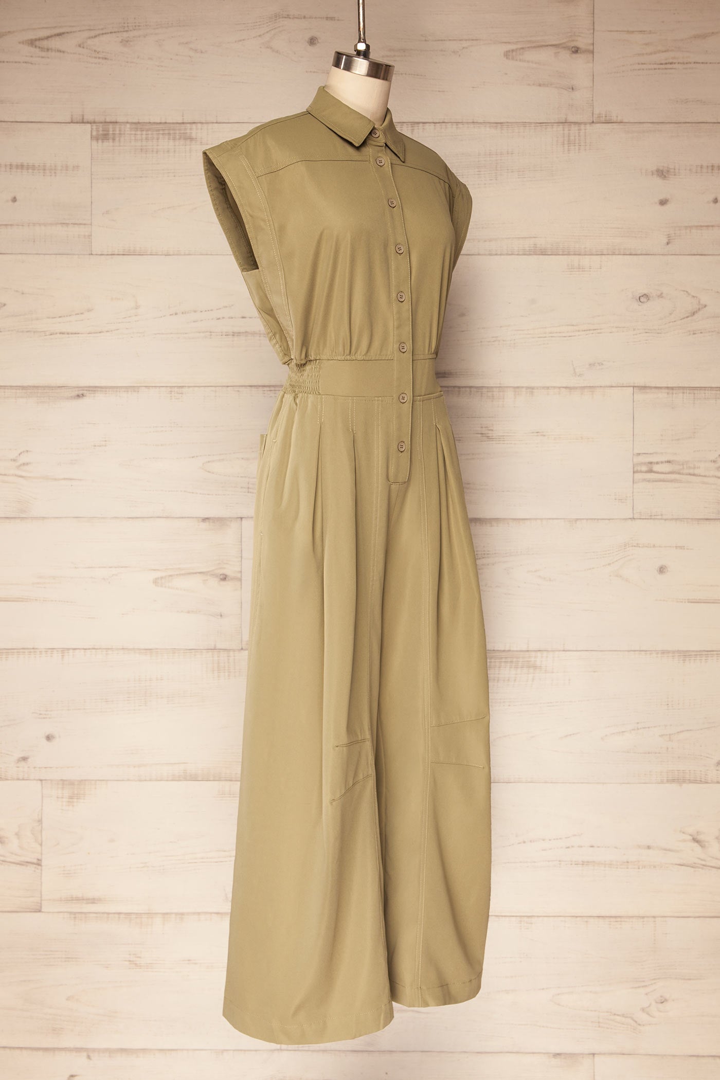 Mestre Khaki Sleeveless Cargo Jumpsuit with Pockets | La petite garçonne side