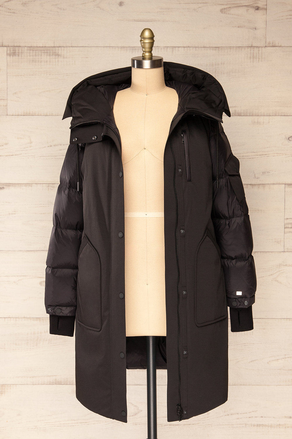 Mikaila Black Knee-length Quilted Jacket | La petite garçonne open view