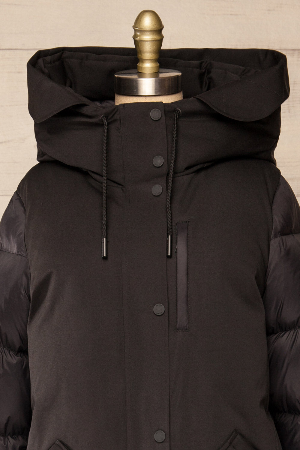 Mikaila Black Knee-length Quilted Jacket | La petite garçonne front close-up