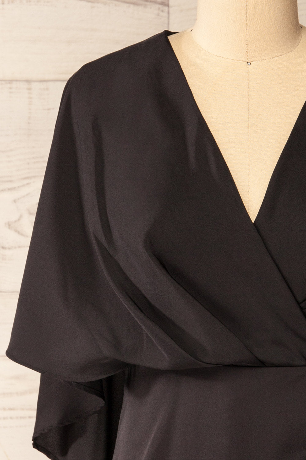 Milanoa Black Short Satin Dress w/ Cape | Boutique 1861  front close-up