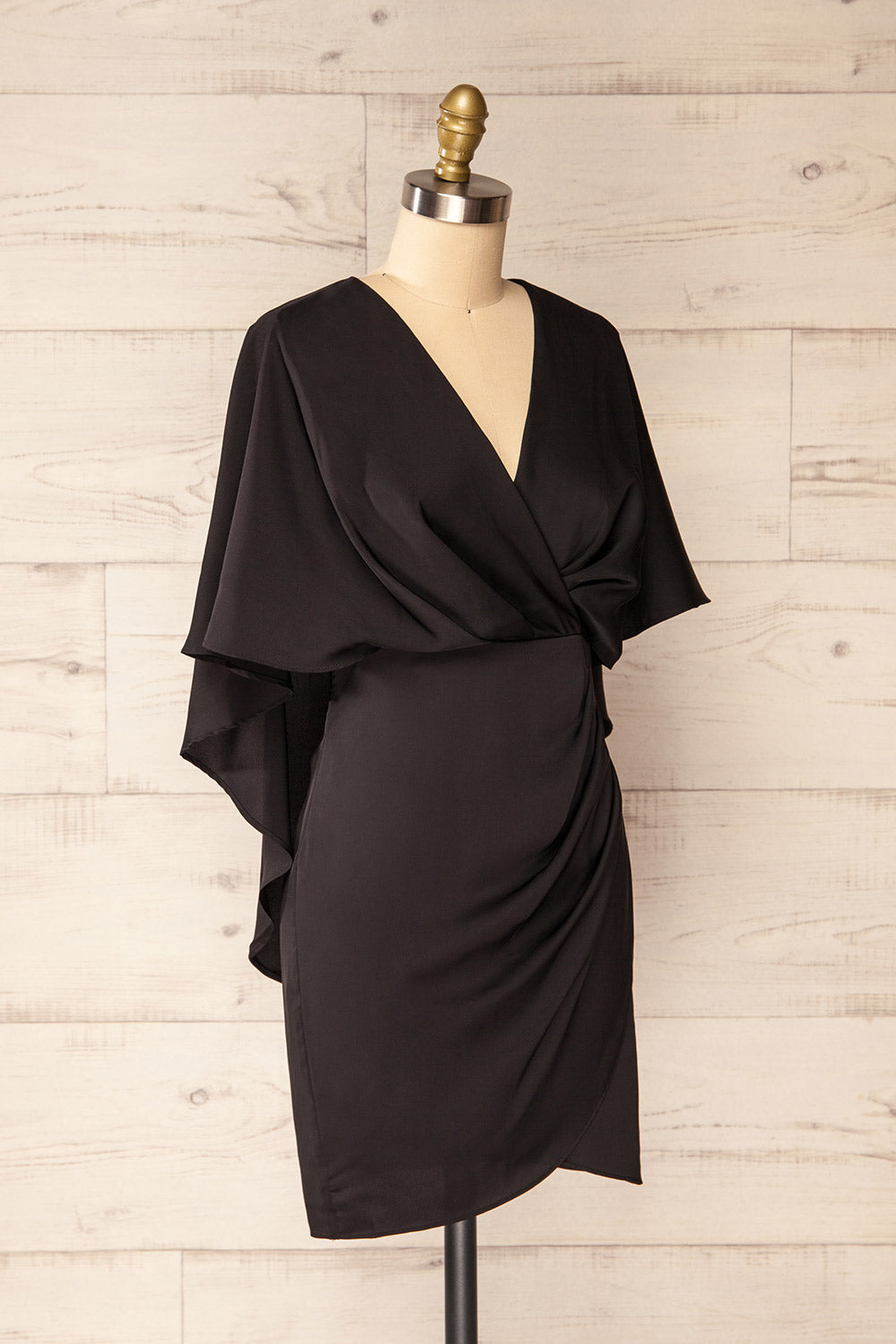 Milanoa Black Short Satin Dress w/ Cape | Boutique 1861 side view