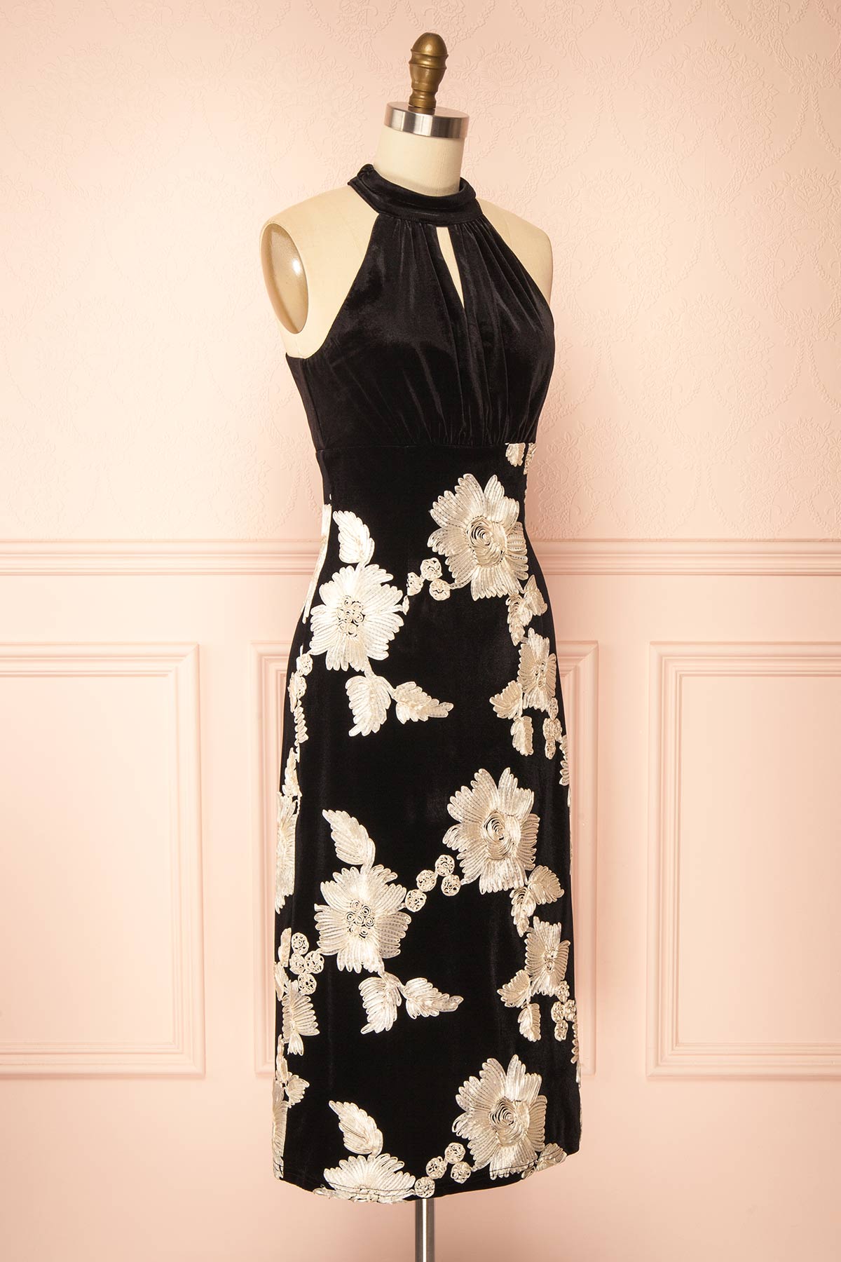 Side view of Minami Black Velvet Midi Halter Dress at Boutique 1861