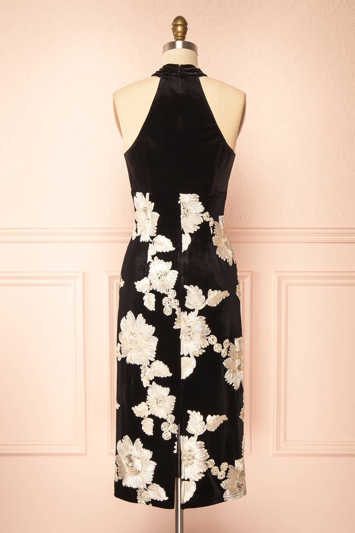 Back view of Minami Black Velvet Midi Halter Dress at Boutique 1861