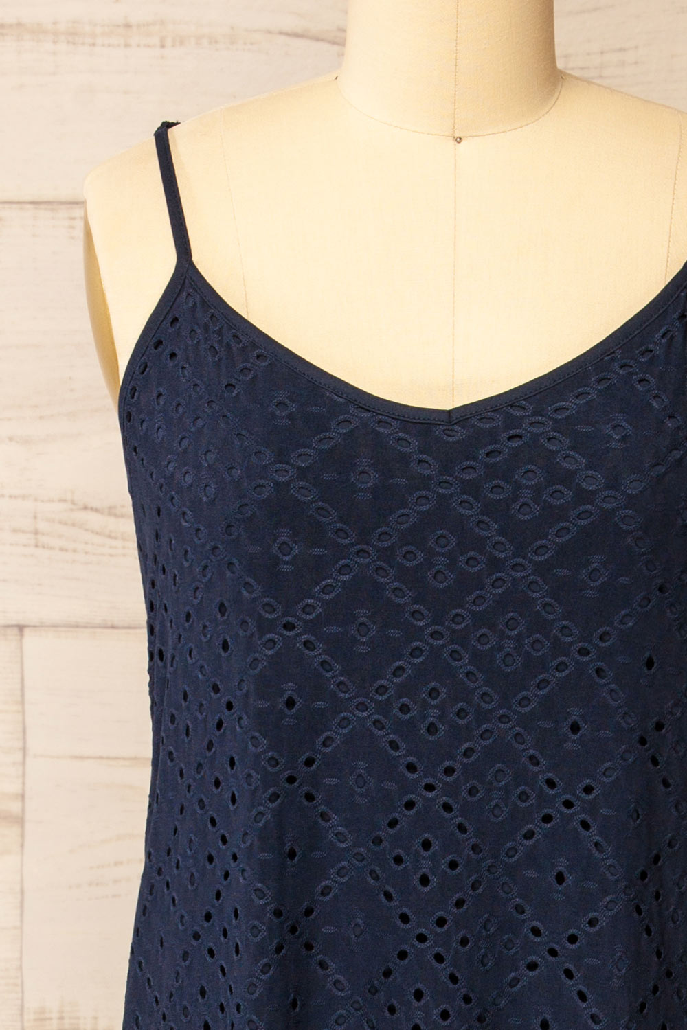 Miraflores Navy Openwork Straight Cut Midi Dress | La petite garçonne front