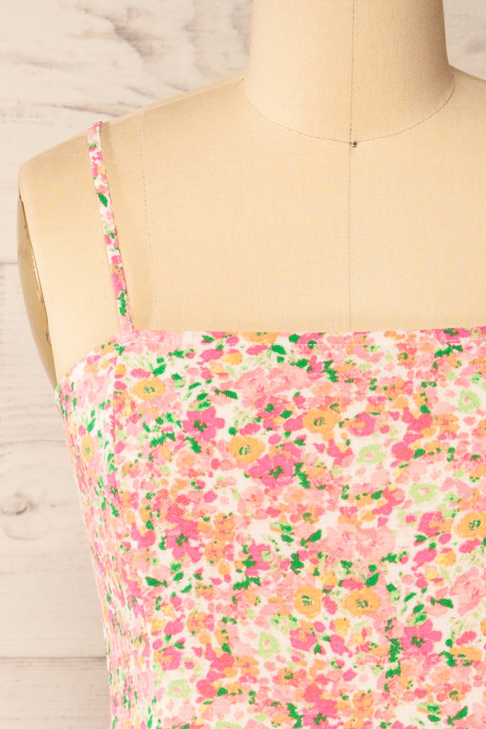 Mirmande Floral Short Dress w/ Thin Straps | La petite garçonne front close-up