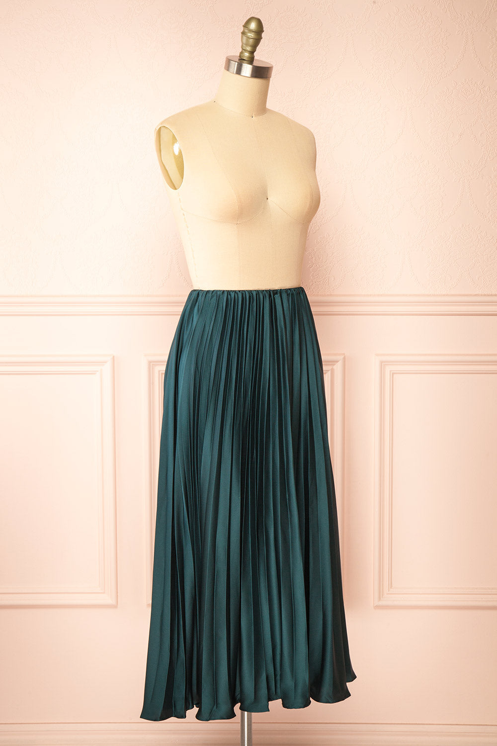 Mirys Green Pleated Satin Midi Skirt | Boutique 1861 side view