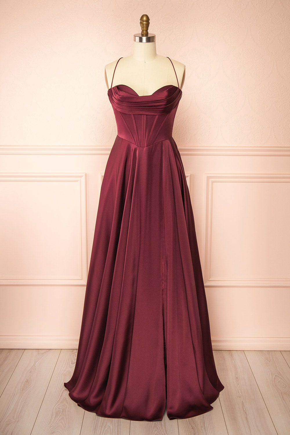 Misha Burgundy Corset Cowl Neck Maxi Dress | Boutique 1861 front view