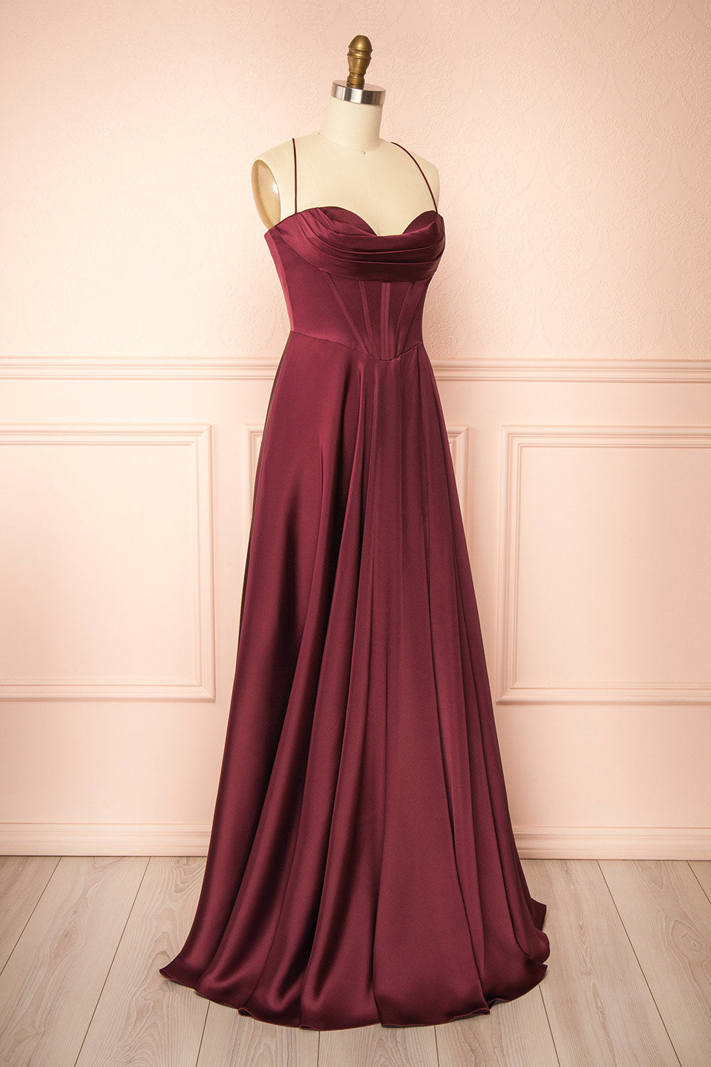 Misha Burgundy Corset Cowl Neck Maxi Dress | Boutique 1861 side view