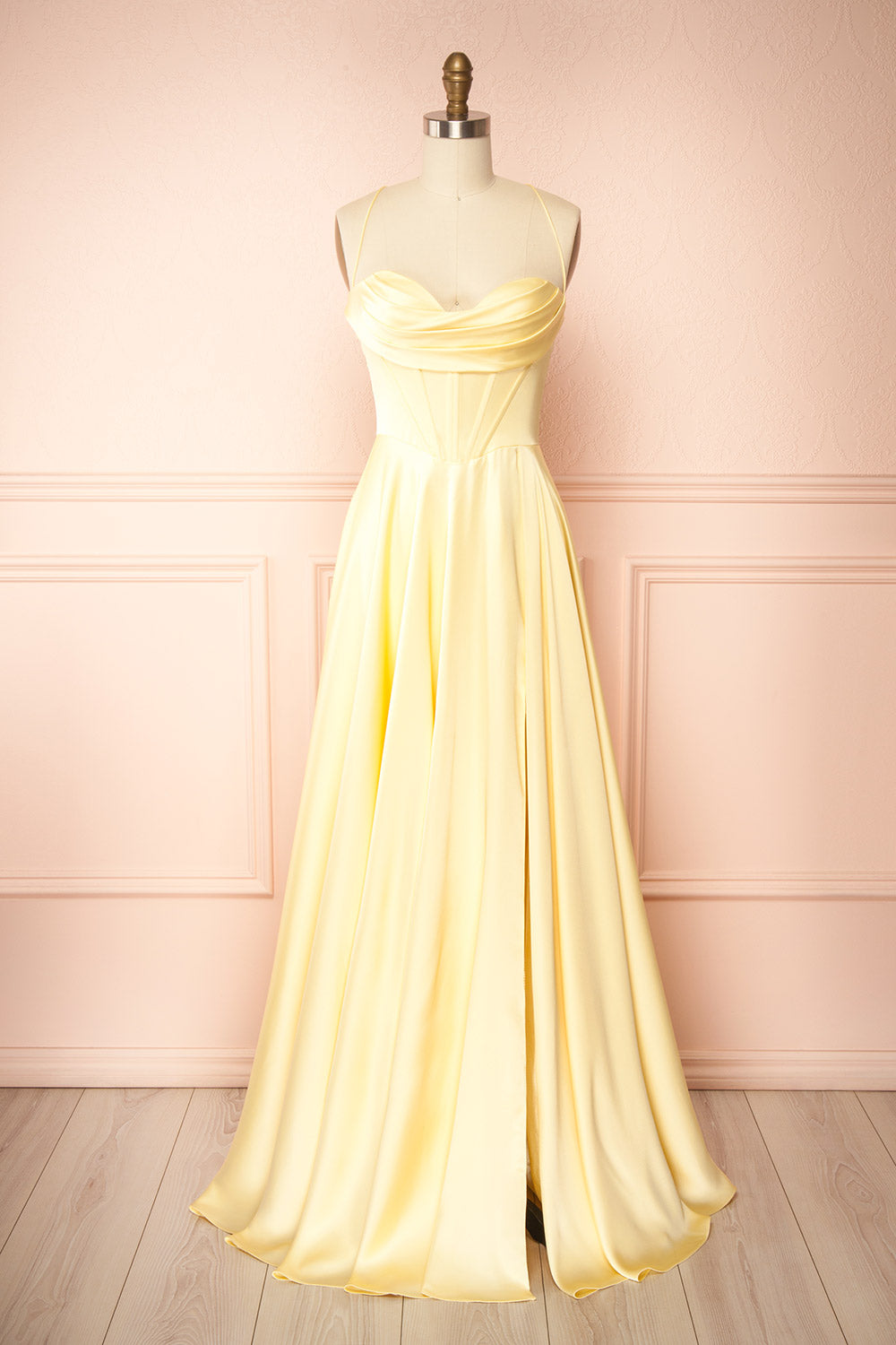 Misha Light Yellow Corset Cowl Neck Maxi Dress | Boutique 1861 Misha Light Yellow Corset Cowl Neck Maxi Dress | Boutique 1861