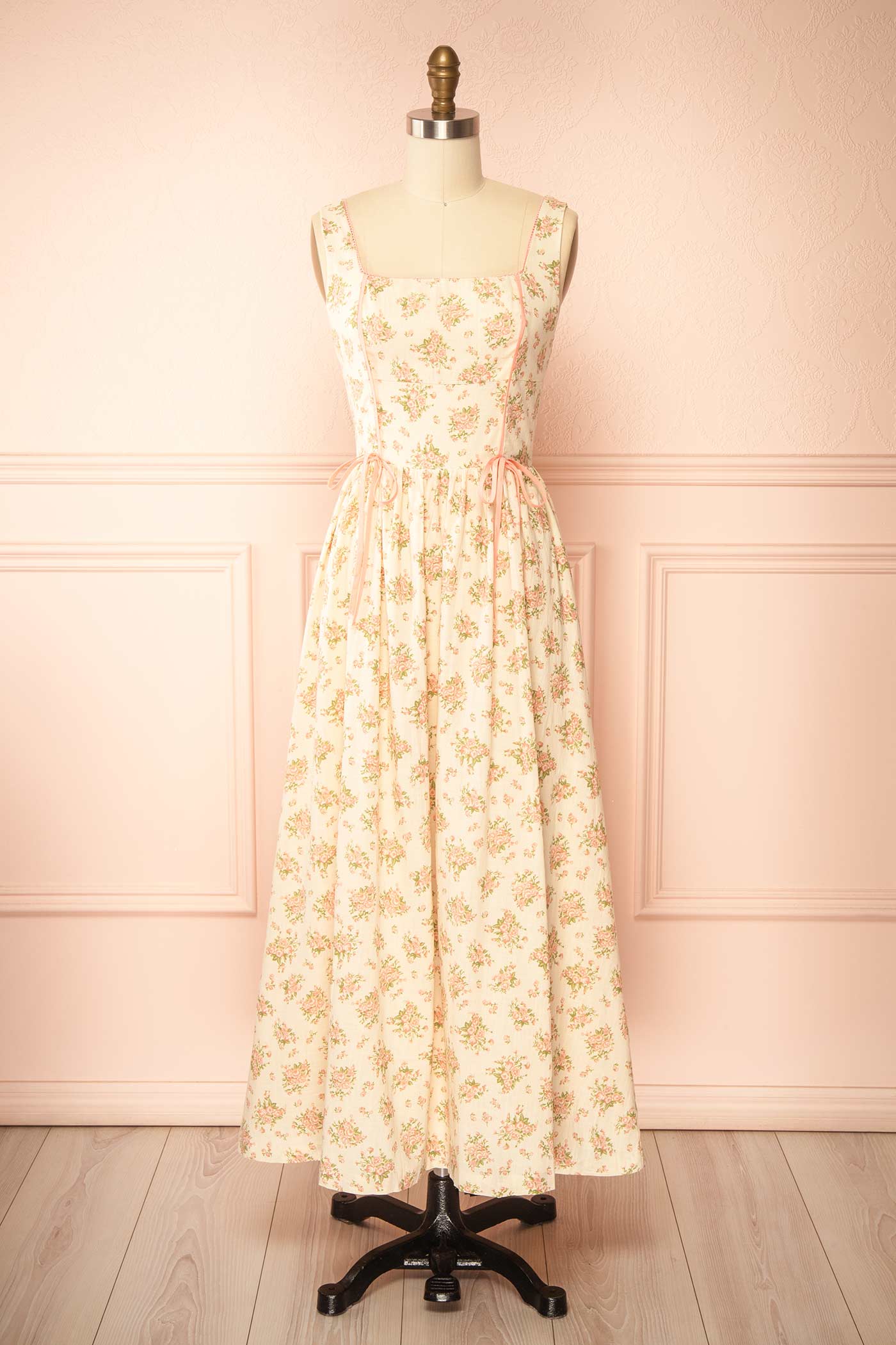 Mitsar Pink Long Floral Dress with Bow Ties | Boutique 1861 front
