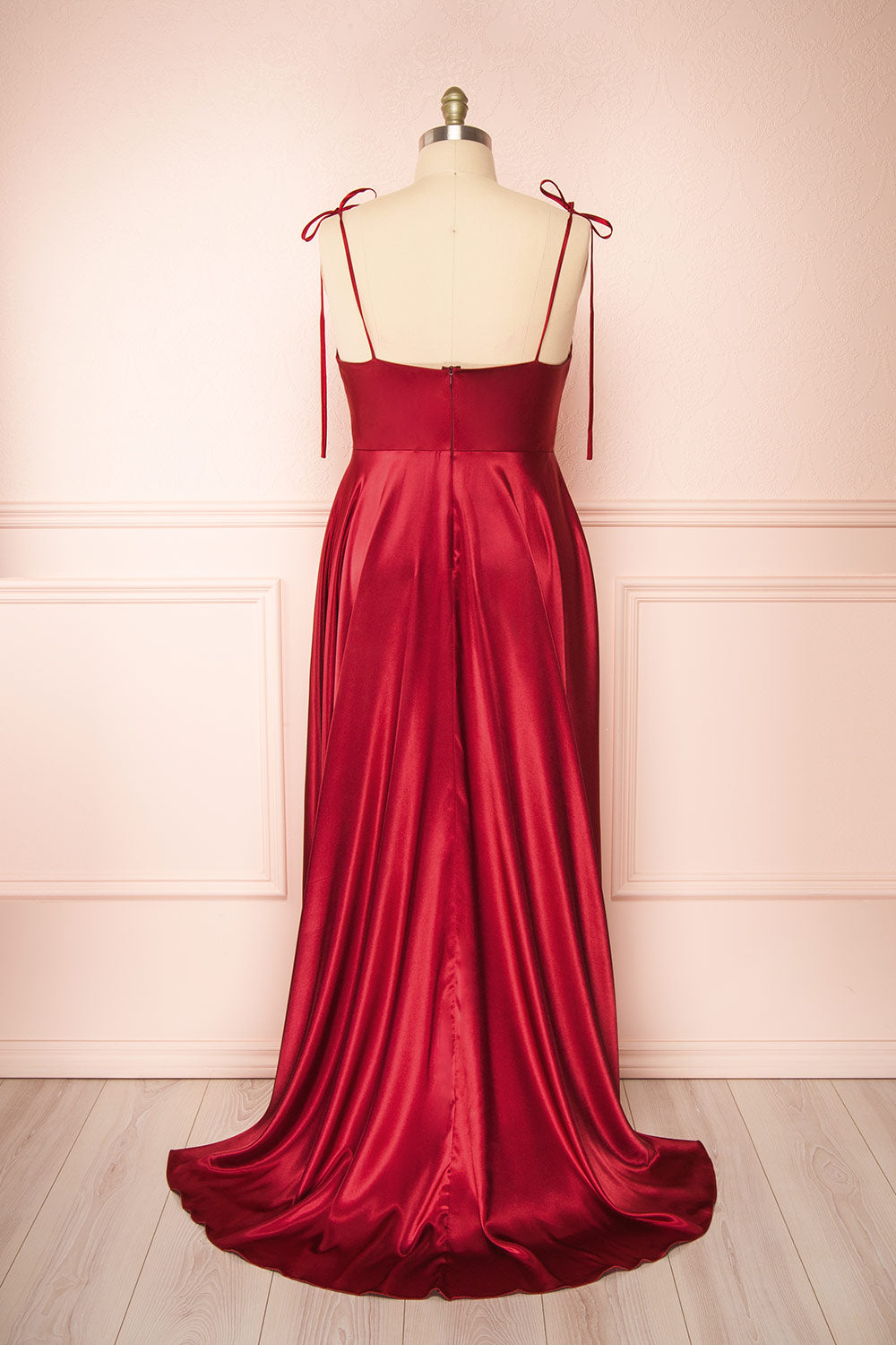 Moira Burgundy Cowl Neck Satin Maxi Dress w/ High Slit | Boutique 1861 plus size back