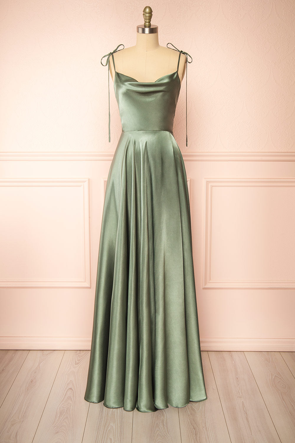 Moira Khaki Cowl Neck Satin Maxi Dress w/ High Slit | Boutique 1861 front view