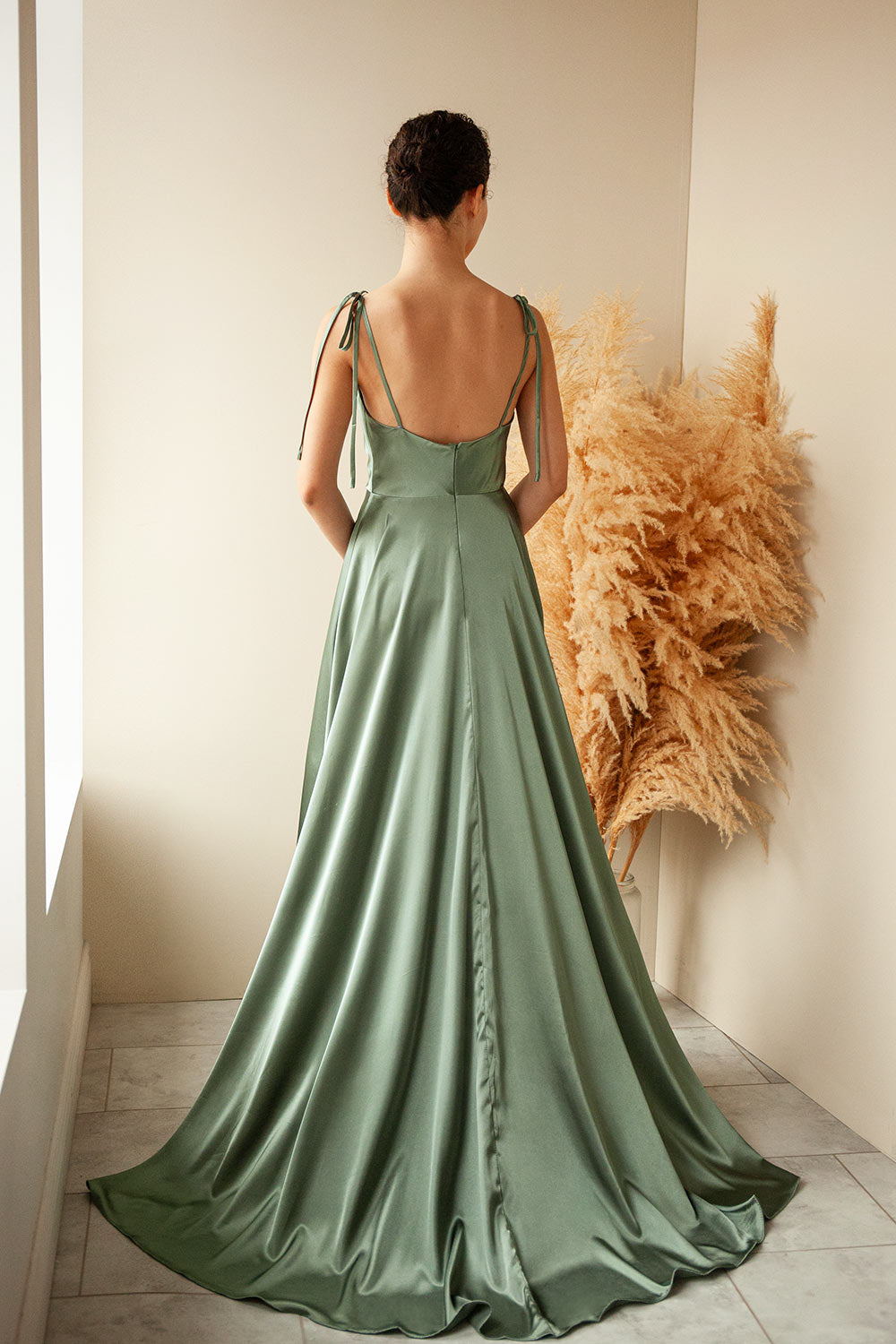 Moira Khaki Cowl Neck Satin Maxi Dress w/ High Slit | Boutique 1861 model back
