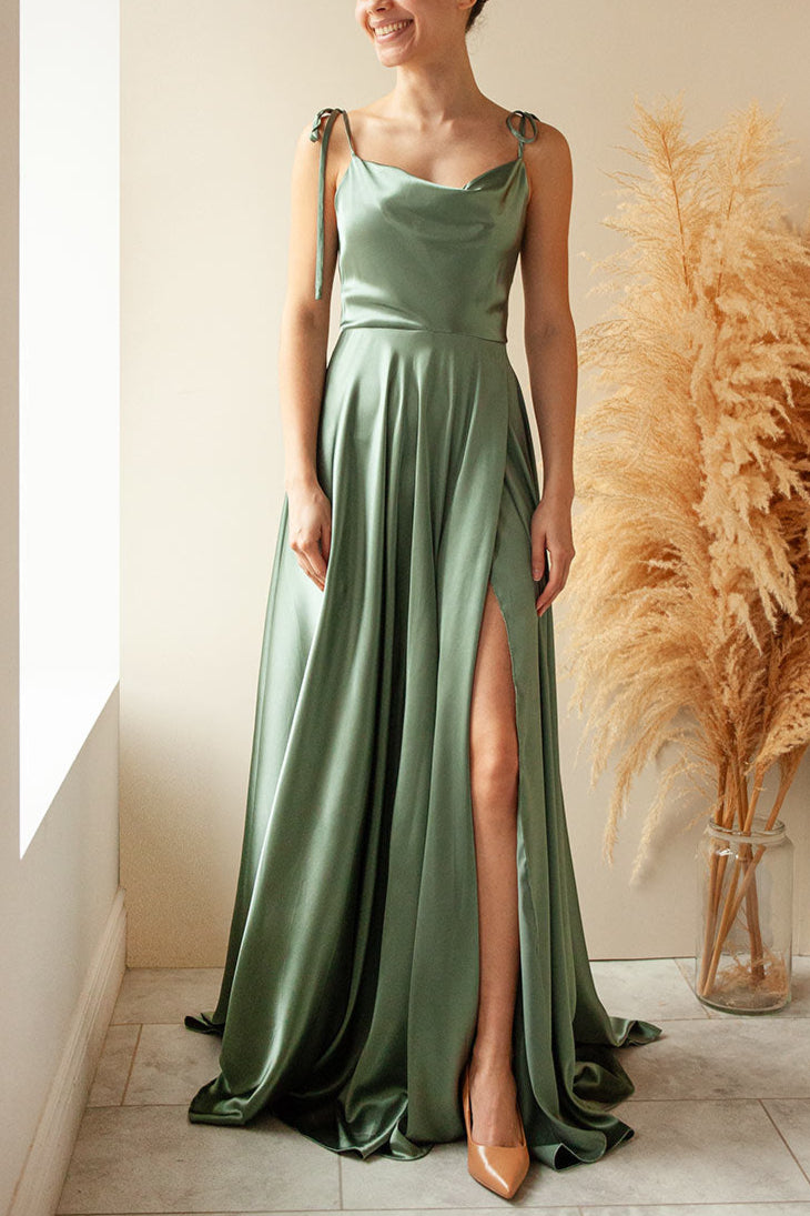 Moira Khaki Cowl Neck Satin Maxi Dress w/ High Slit | Boutique 1861 model