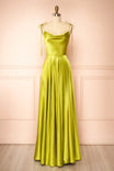 Moira Olive Green Cowl Neck Satin Maxi Dress with High Slit | Boutique 1861 fornt