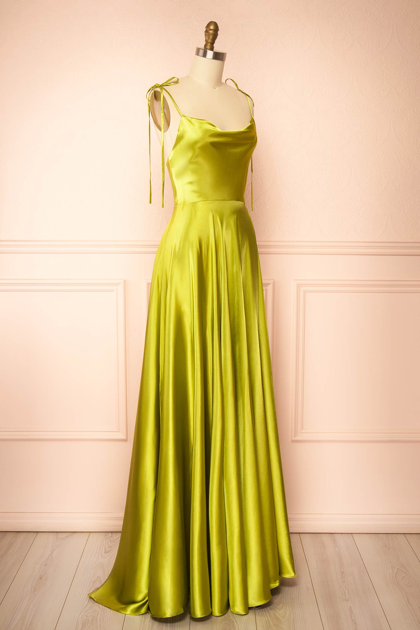 Moira Olive Green Cowl Neck Satin Maxi Dress with High Slit | Boutique 1861 side
