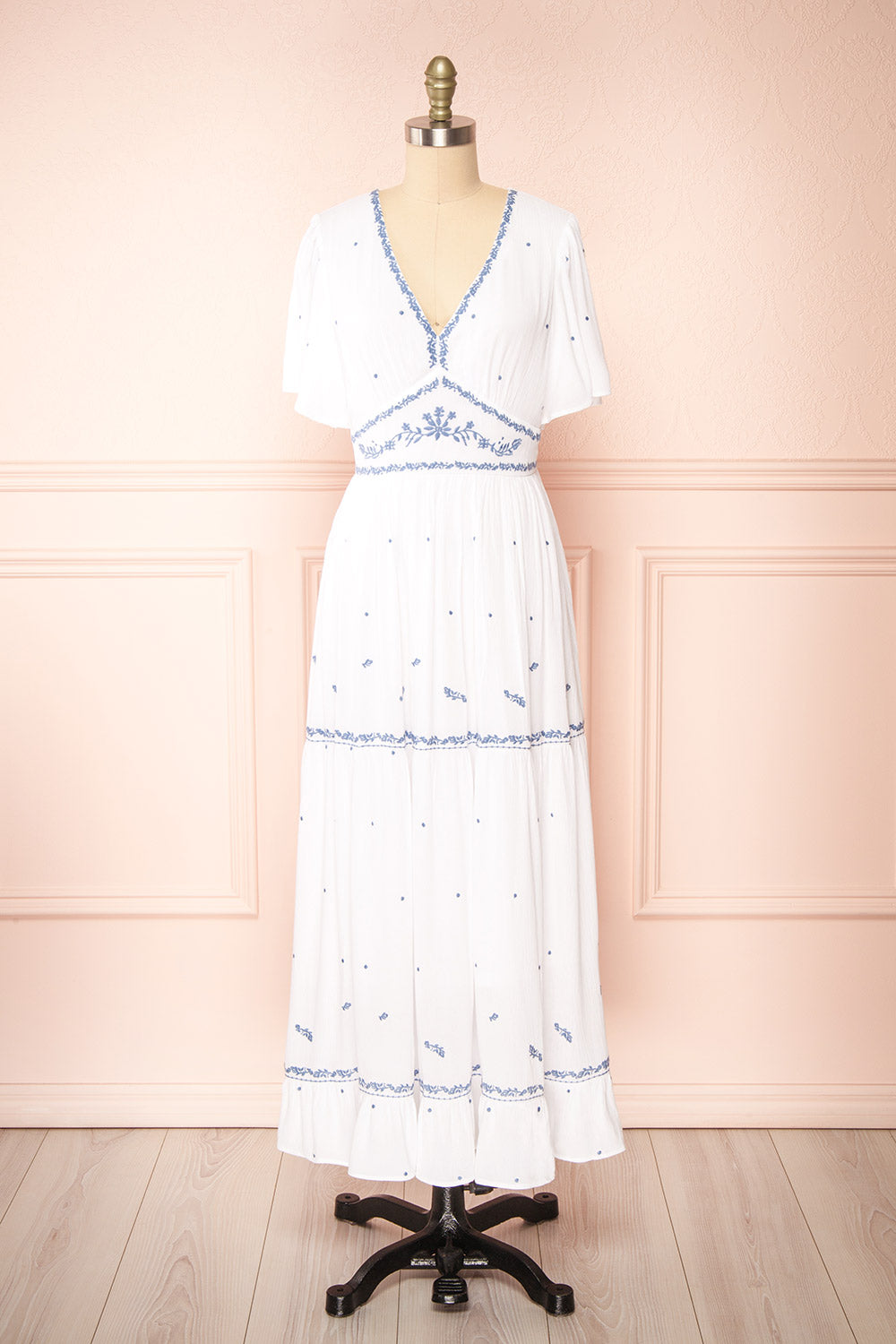 white maxi dress with blue embroidery Monet