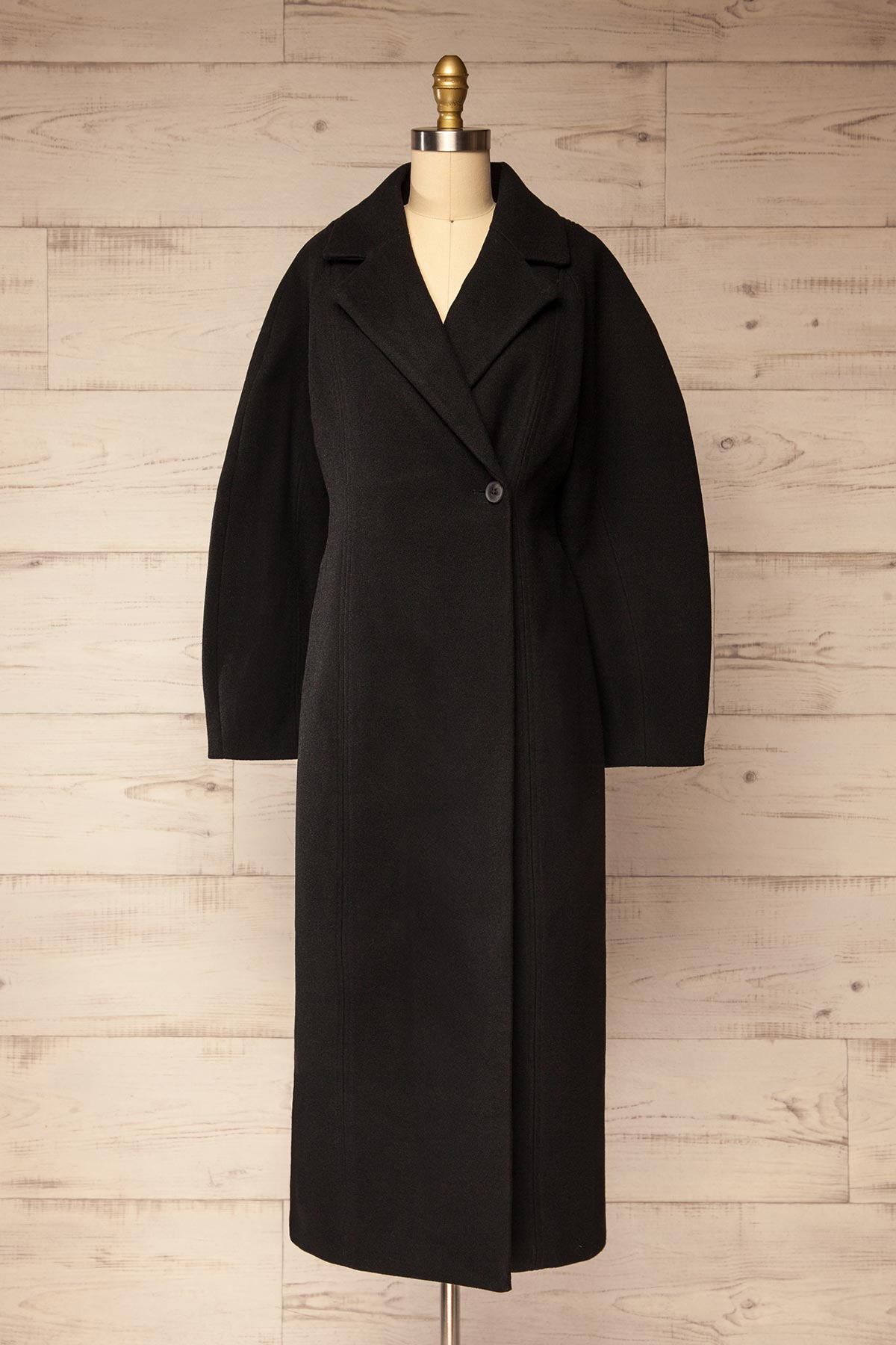 front view of Montevi Long Black Tailored Coat at La petite garçonne