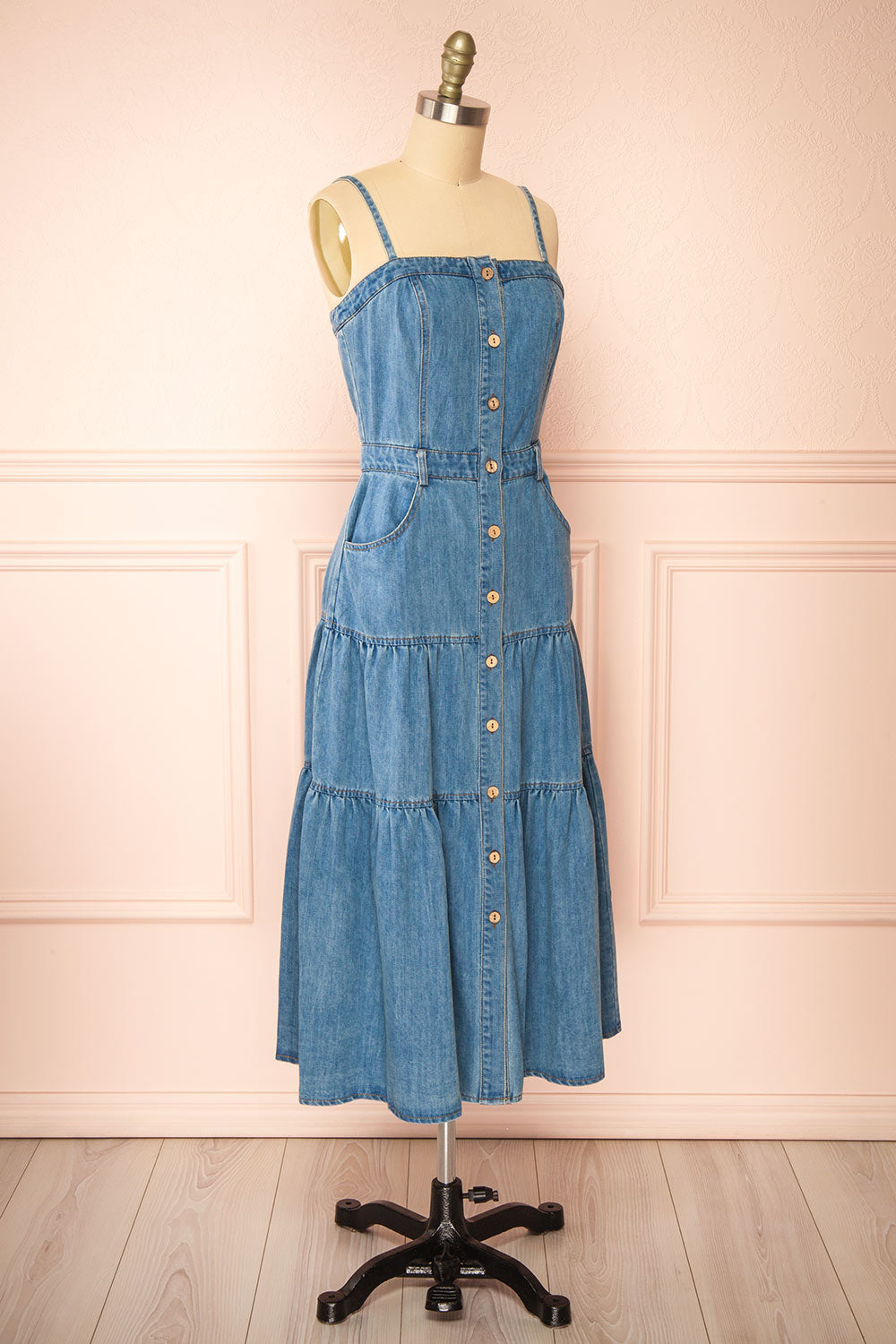 Moprina Long Blue Denim Dress w/ Pockets | Boutique 1861 side view