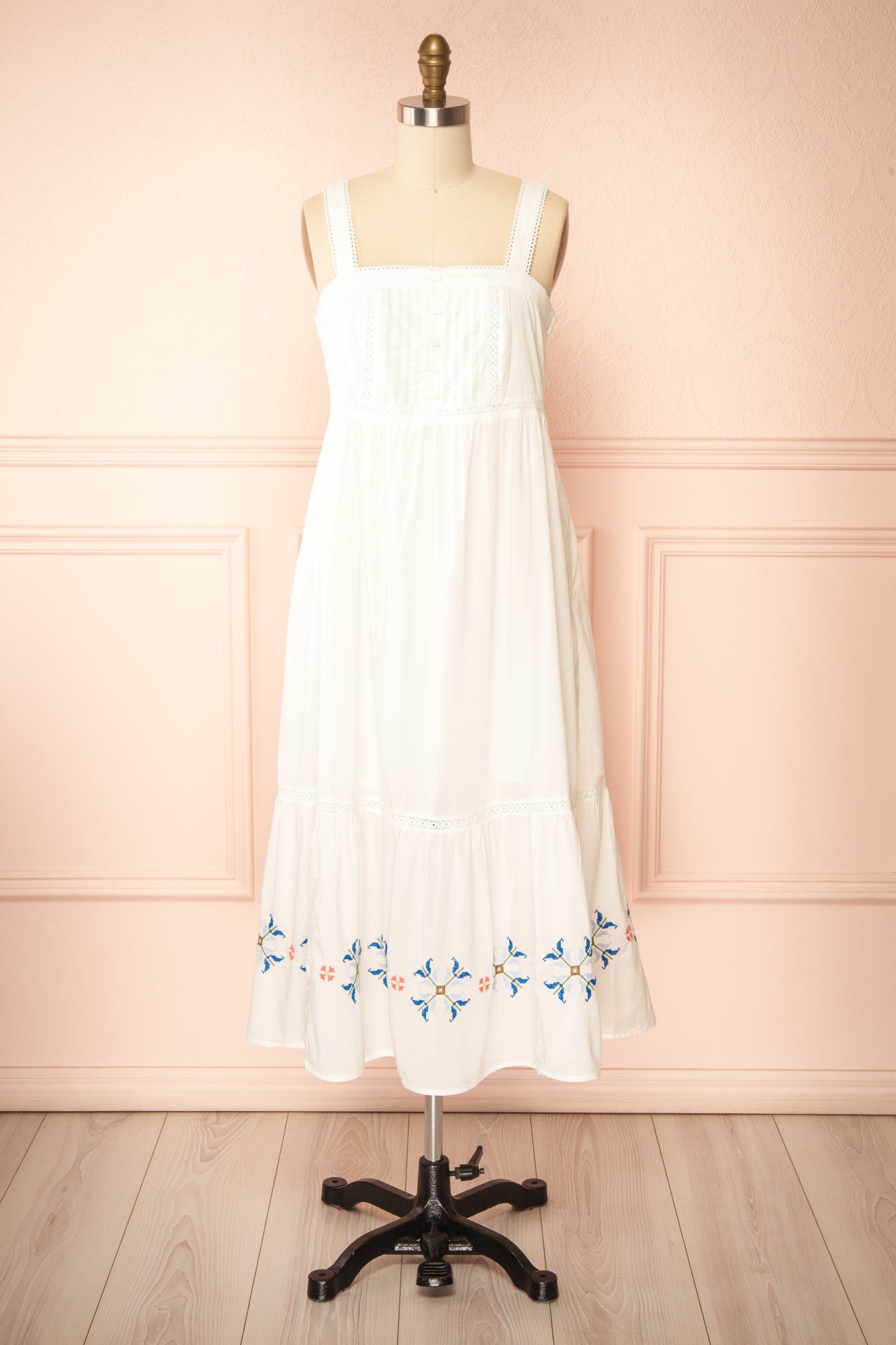 Frontview Morbi White Midi Empire Waist Dress with Pockets at boutique 1861