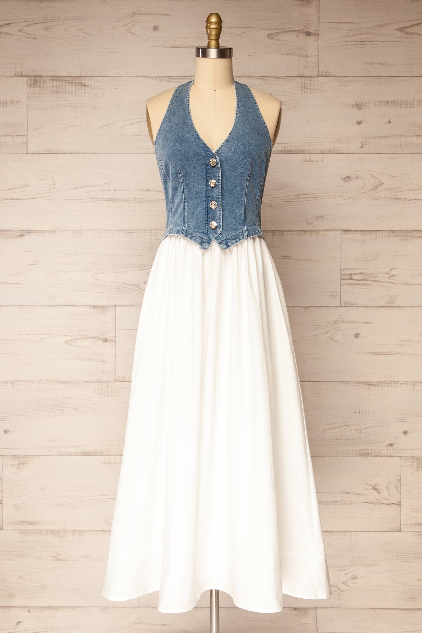 Murphy | Denim Halter Mixed-Media Midi Dress with Pockets