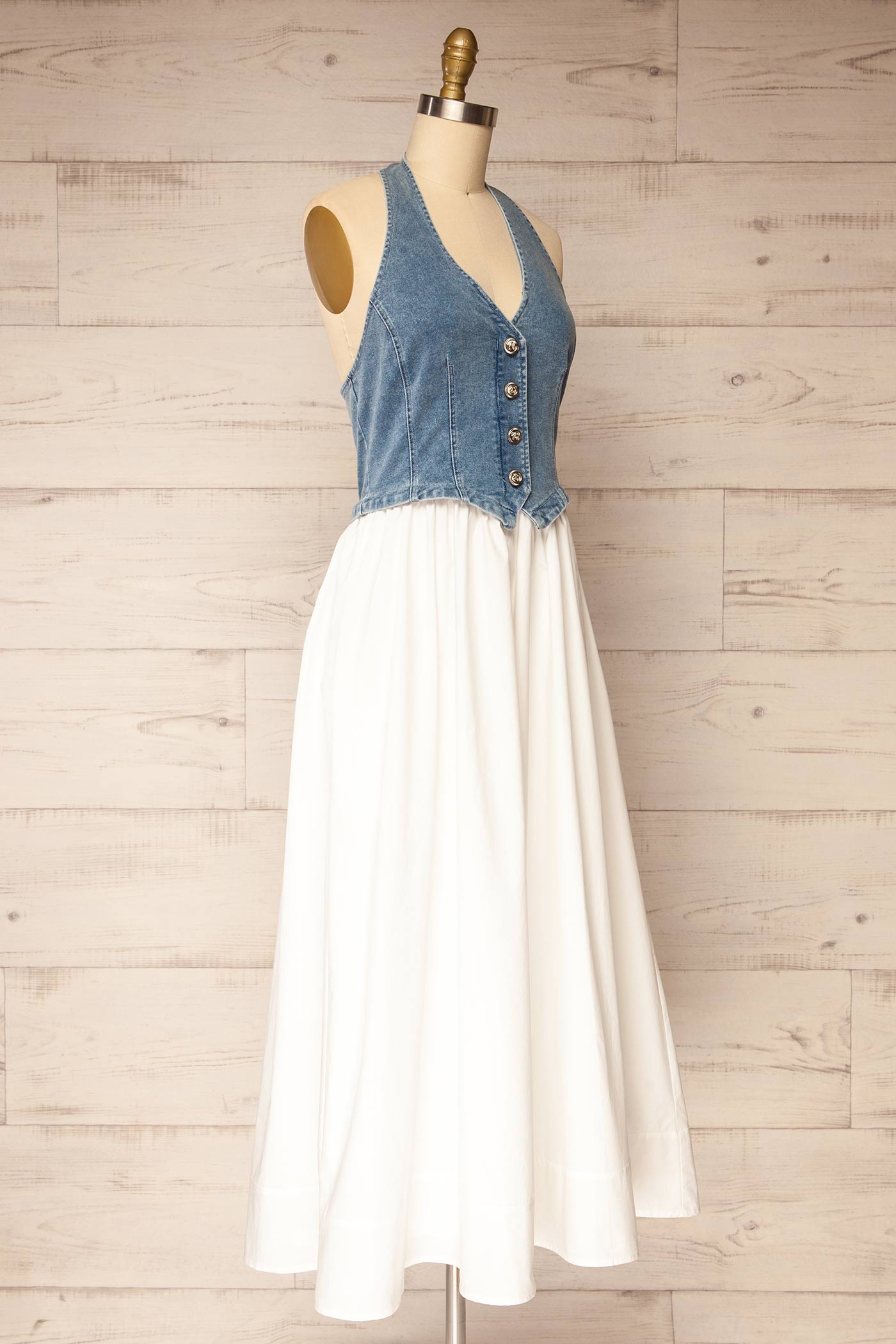 Murphy | Denim Halter Mixed-Media Midi Dress with Pockets