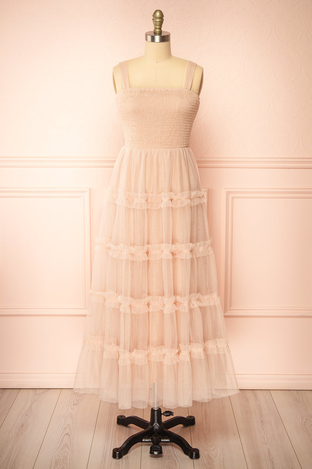 Musai Taupe Long Dress w/ Ruched Top | Boutique 1861 front view