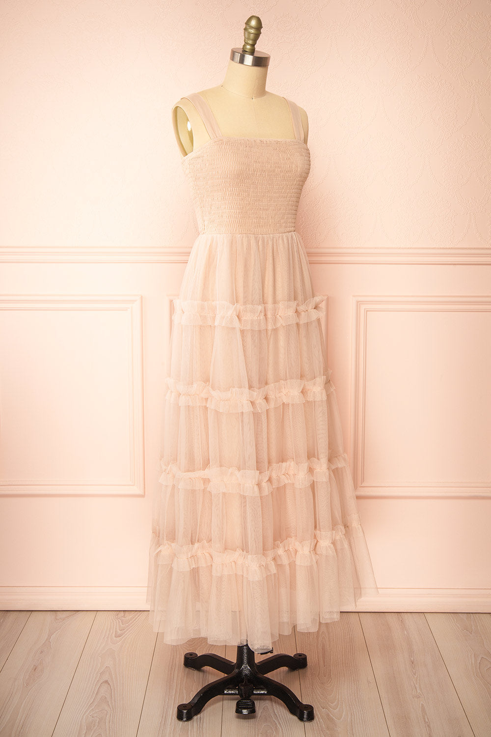 Musai Taupe Long Dress w/ Ruched Top | Boutique 1861 side view