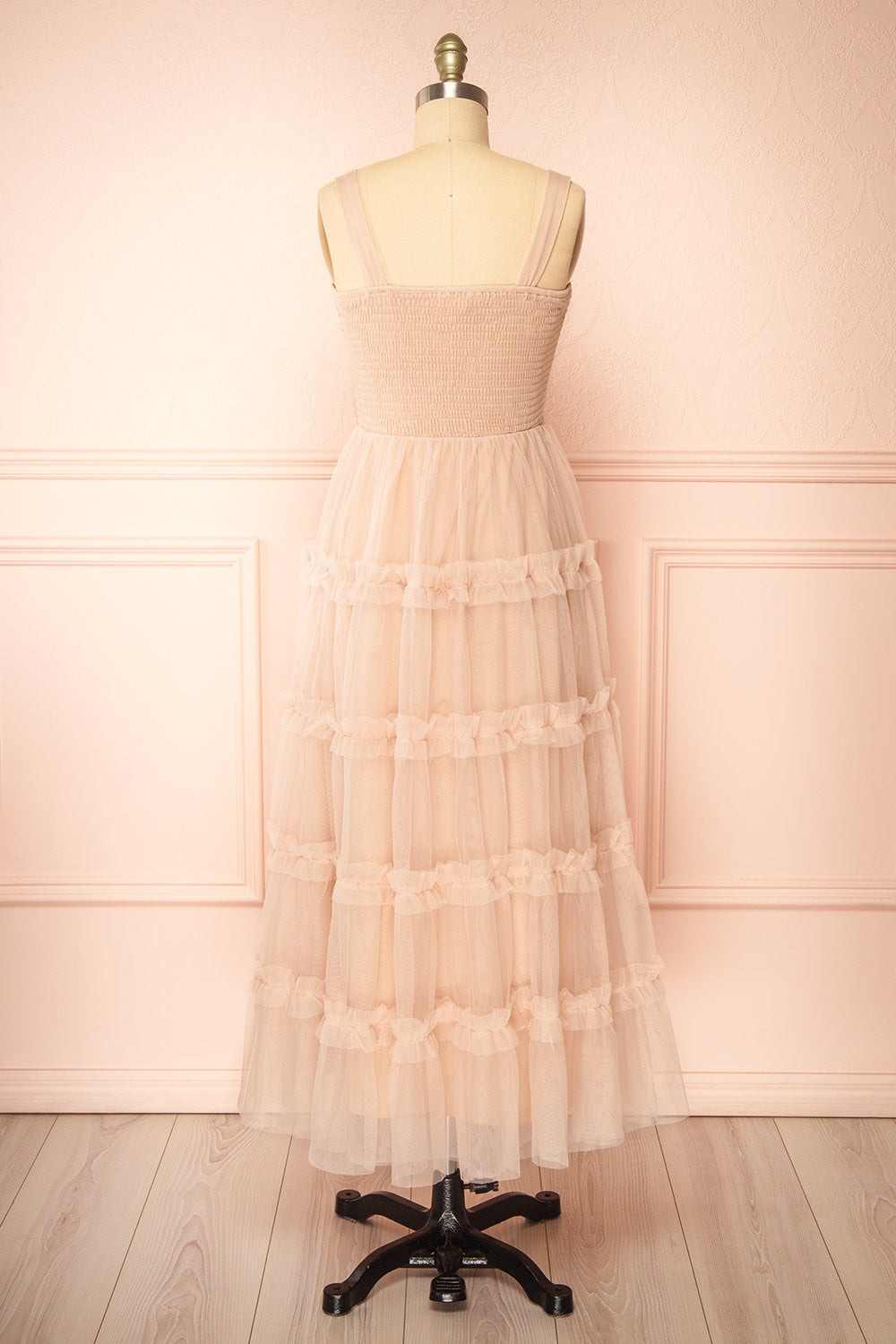 Musai Taupe Long Dress w/ Ruched Top | Boutique 1861 back view