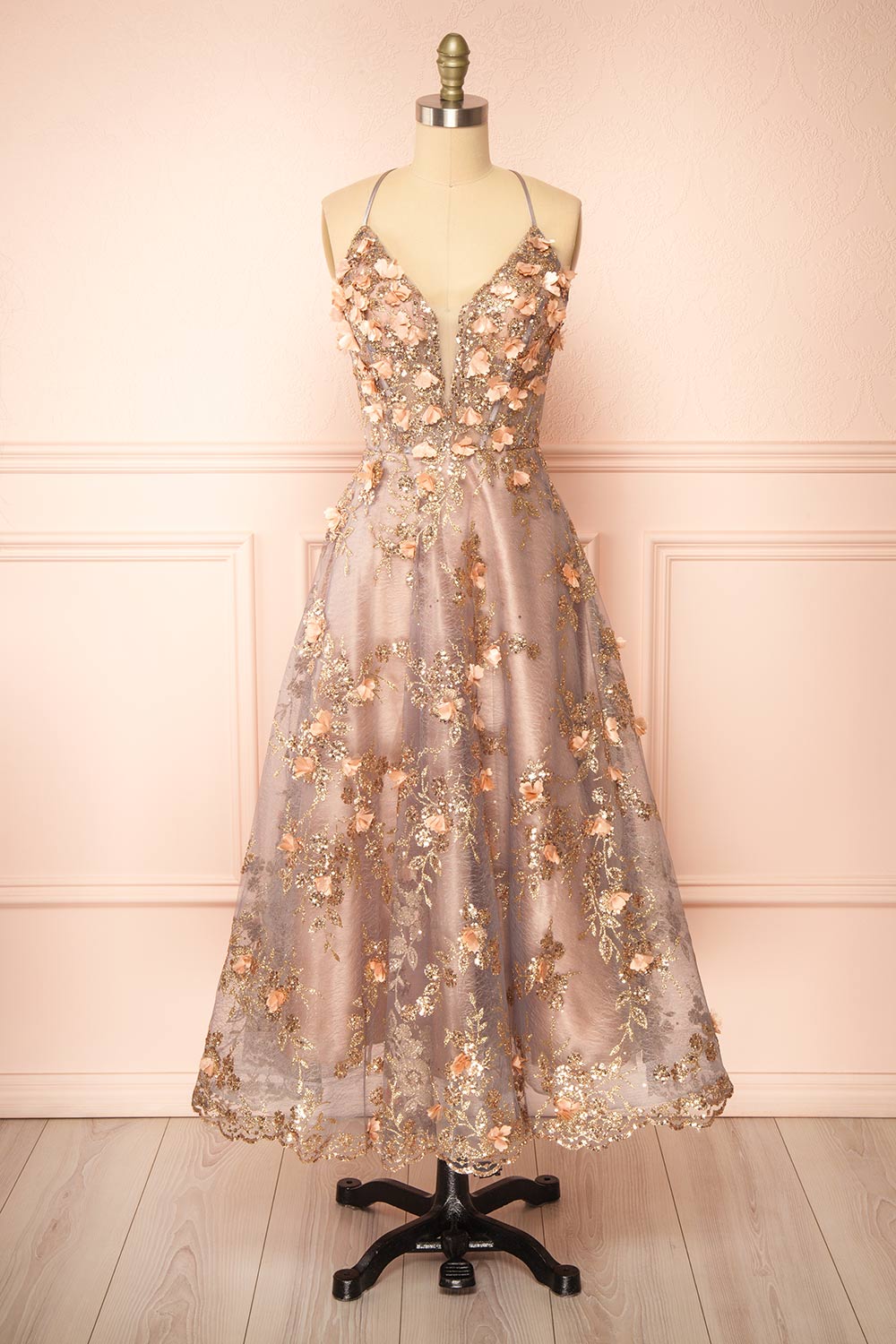 Mynia Midi Gown w/ Floral Appliqués | Boutique 1861 front view